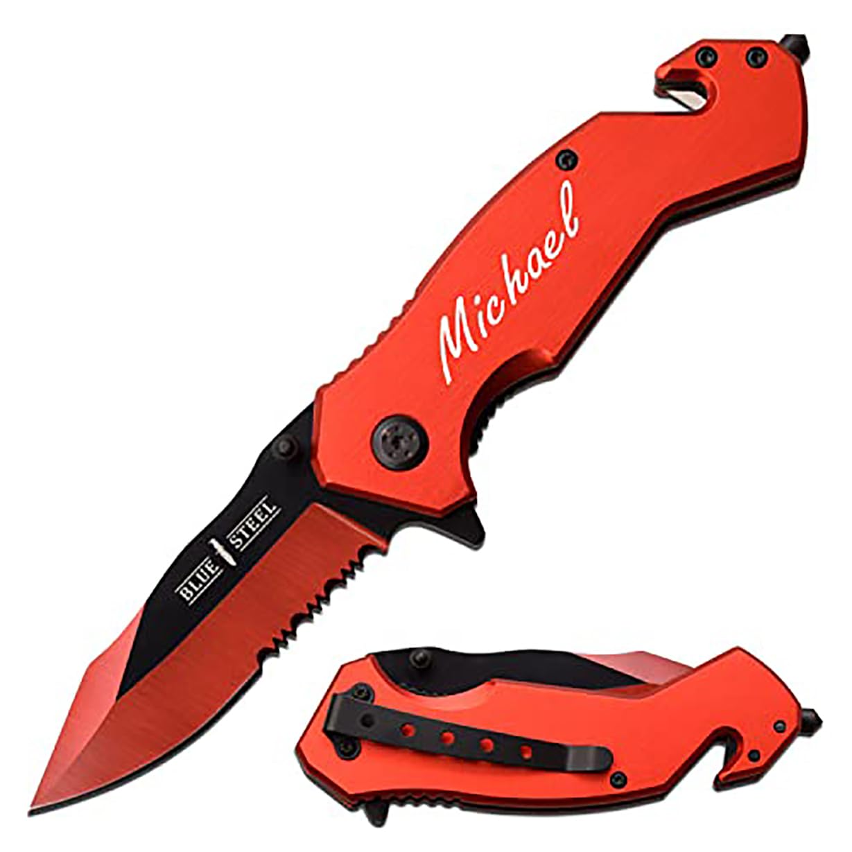 Blue Steel Personalized Laser Engraved Pocket Knife - 3-in-1 Tactical Knife with Seatbelt Cutter | Emergency Escape Tool for Survival & Outdoor Adventures | Custom Engraved Gift for Men | Perfect for Camping, Hiking, and Car Safety