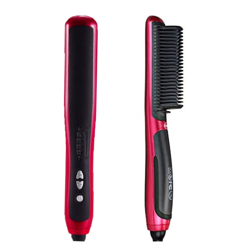 REDAB Beard Straightener & Styler Brush for Men - Ceramic Heat Hair Curler & Electric Straightener - Hot Comb & Mini Hair Brush (Red) - Perfect for Home, Travel & Salon Use