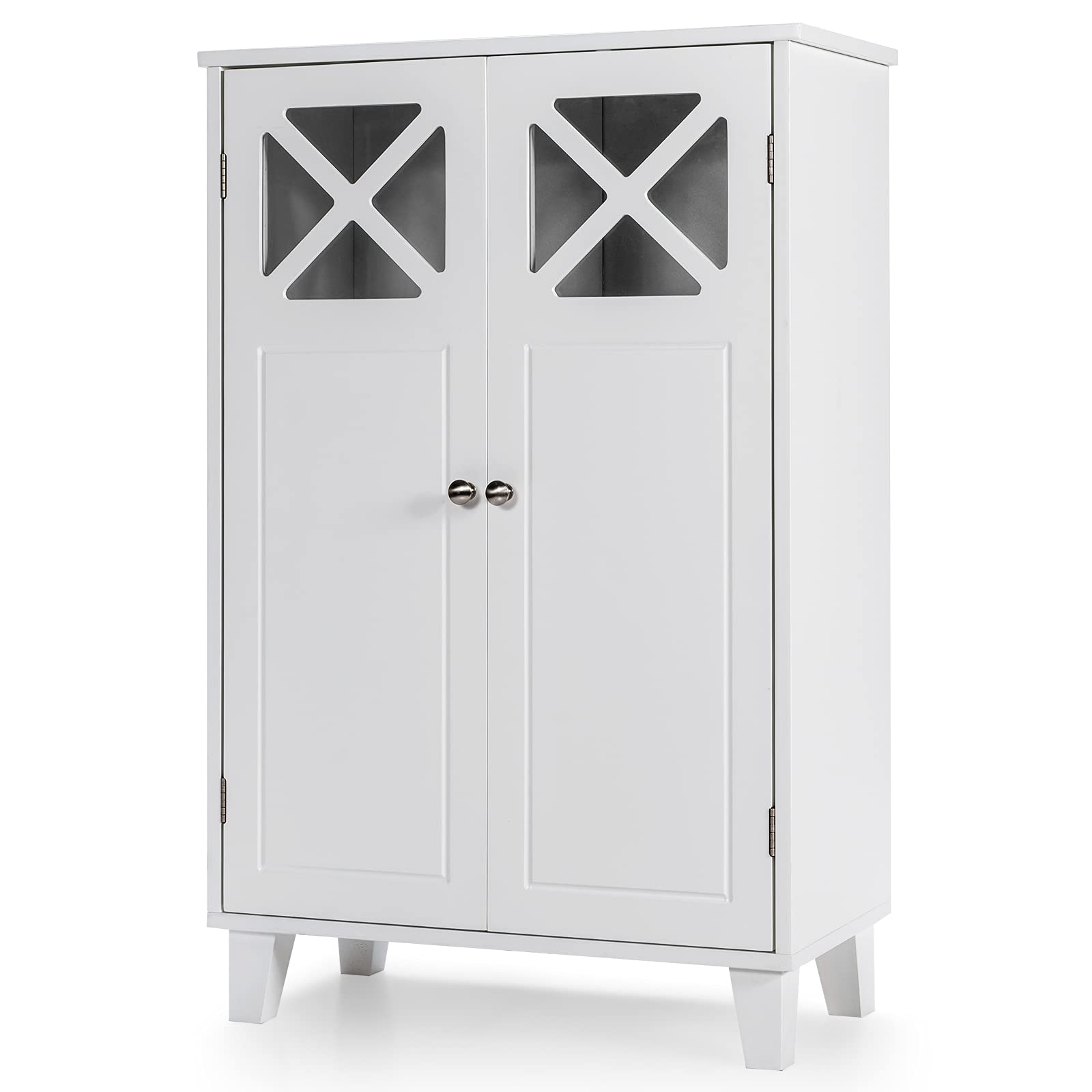 Tangkula White Wooden Bathroom Floor Cabinet - Double Door Freestanding Storage Organizer with Adjustable Shelf & Visible Windows - Perfect for Bathroom, Living Room, and Bedroom Storage Organization