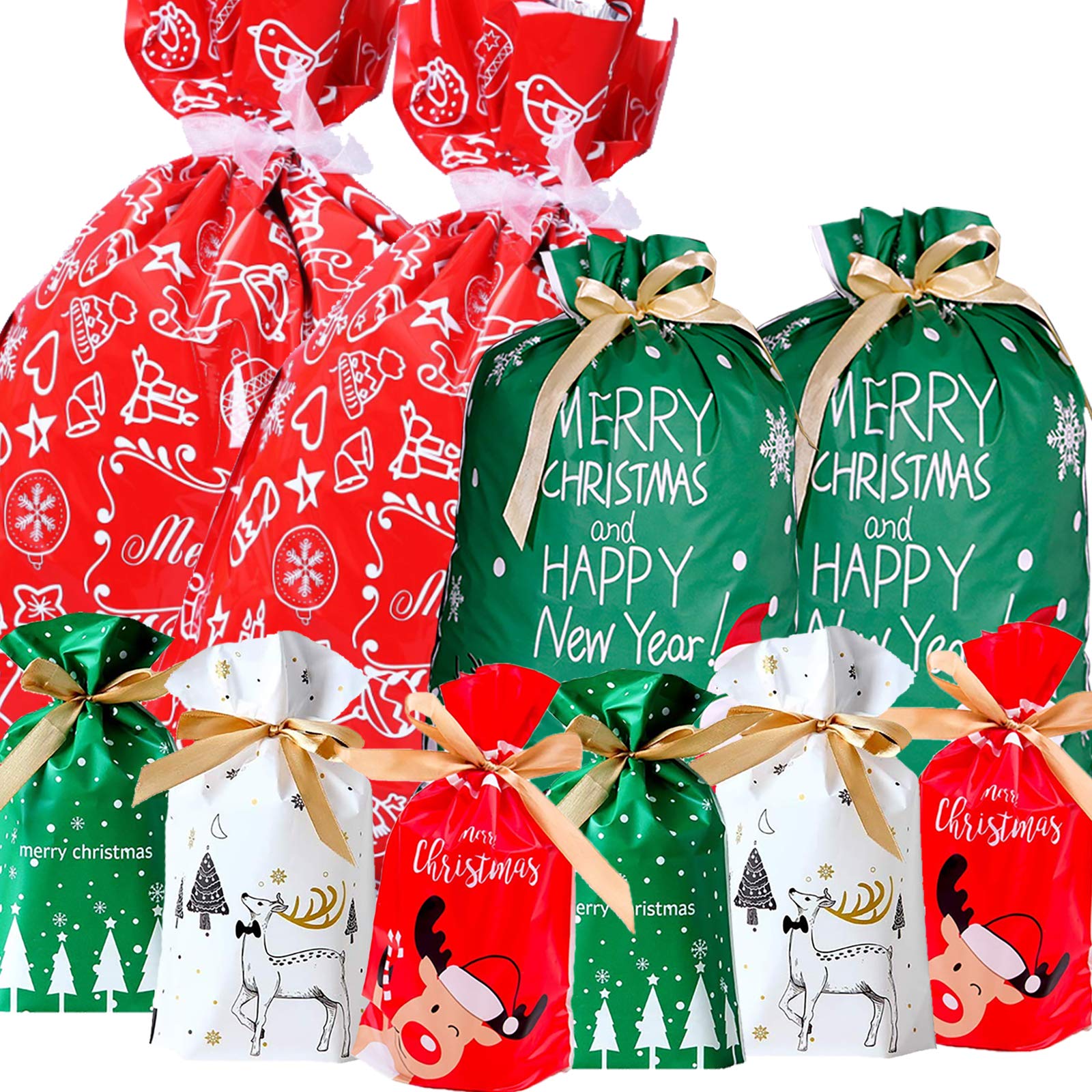 Funnlot Christmas Drawstring Gift Bags - 32 PCS in 7 Styles with Ribbon Ties for Candy, Treats, Party Favors | Perfect for Holiday Gifting, Stocking Stuffers & Christmas Party Decorations