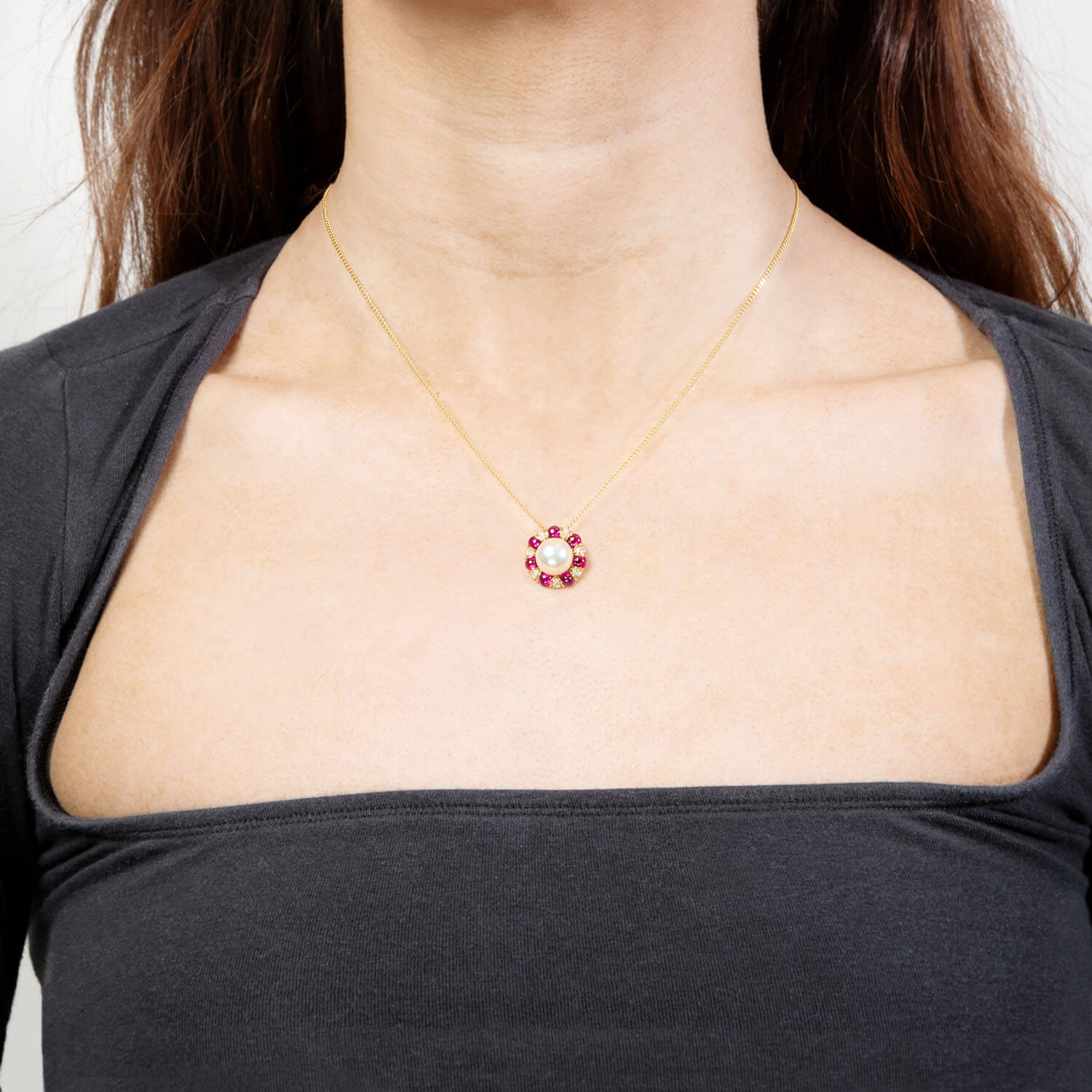 18K Gold Pearl, Ruby & Diamond Pendant Necklace - Elegant Estate Jewelry for Women, Perfect for Weddings, Anniversaries & Special Occasions