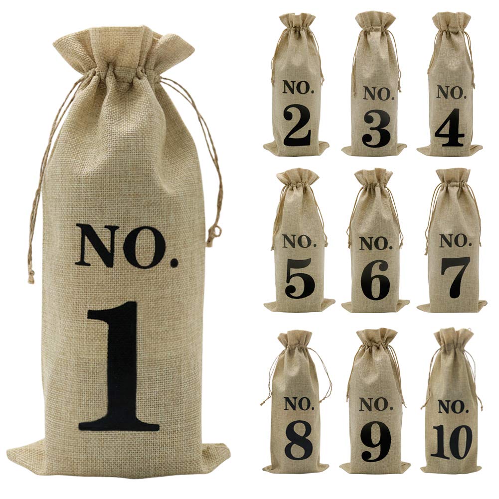Shintop 10-Pack Brown Jute Wine Bags with Drawstring - 14 x 6.25 Inch Hessian Numbered Bottle Gift Bags for Blind Wine Tasting Parties, Weddings & Corporate Events