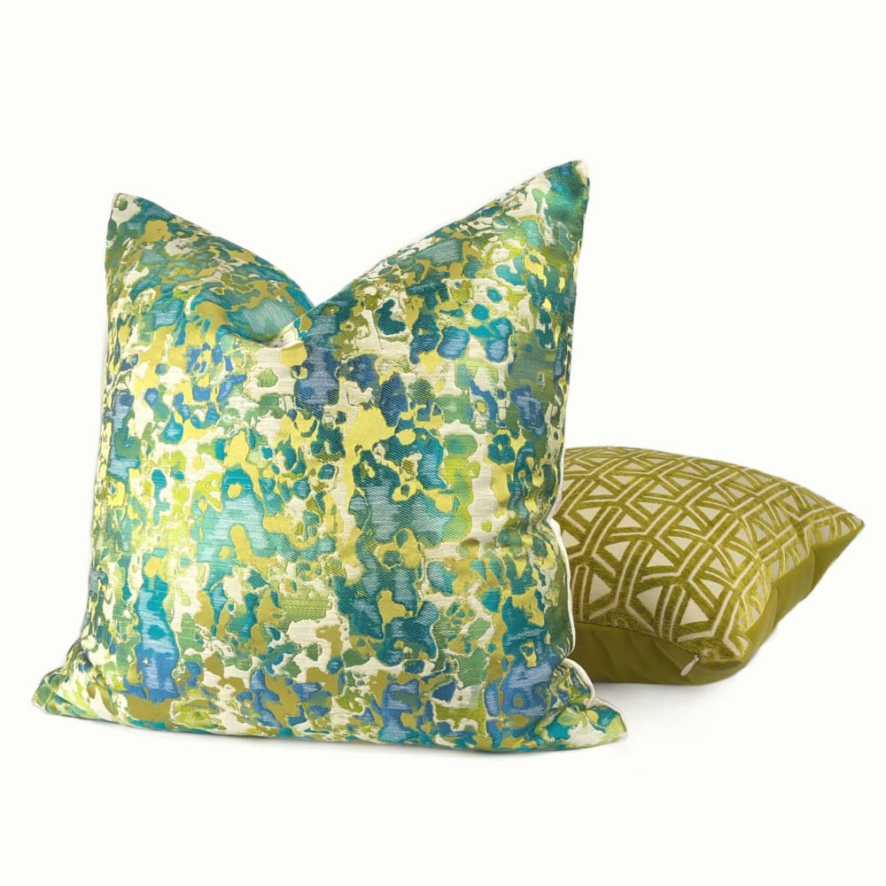 Turquoise Blue Chartreuse Silk Linen Abstract Pillow Cover - Bohemian Home Decor for Living Room, Bedroom & Sofa