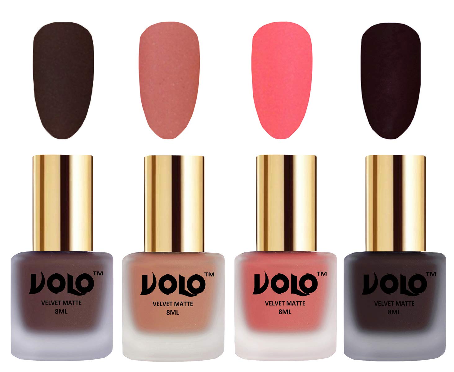 Volo Velvet Matte Nail Polish Set - 4 Pack (Chocolate Brown, Light Peach, Dark Peach, Dark Wine, 32ml) | Long-Lasting, Non-Chip Formula for Parties, Weddings & Special Occasions