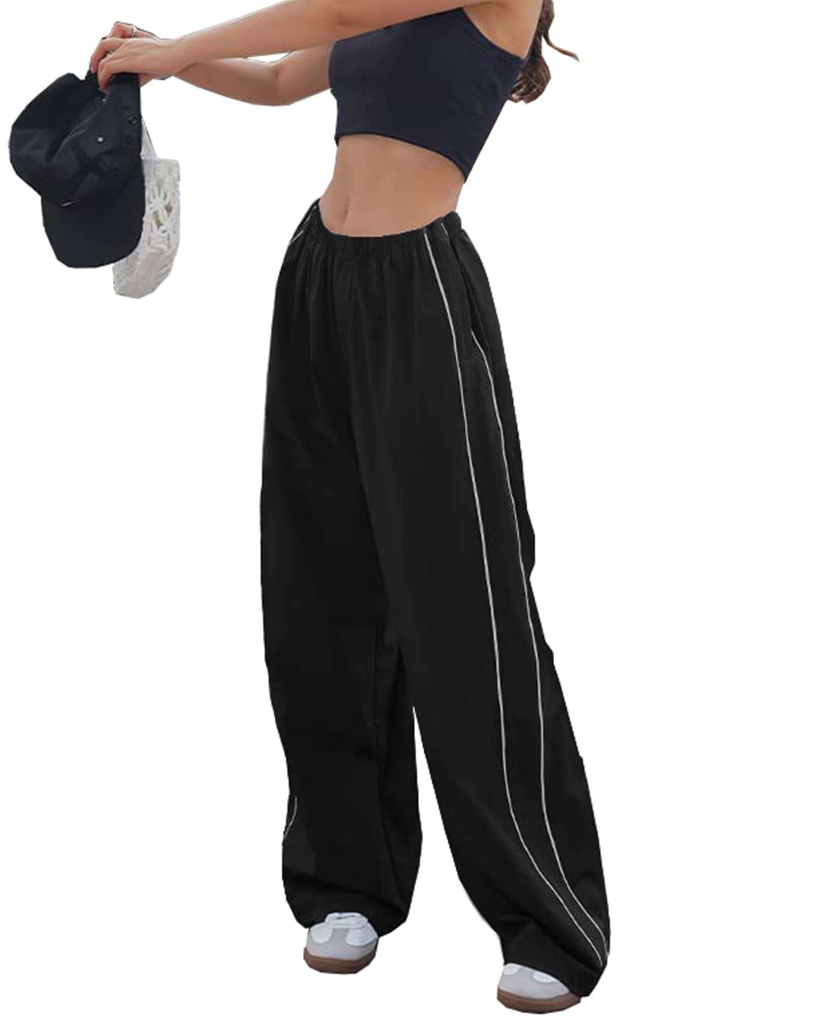 Women's Y2K Baggy Track Pants - Elastic Waist Wide Leg Parachute Jogger Sweatpants for Casual Wear, Street Style & Lounge Outfits