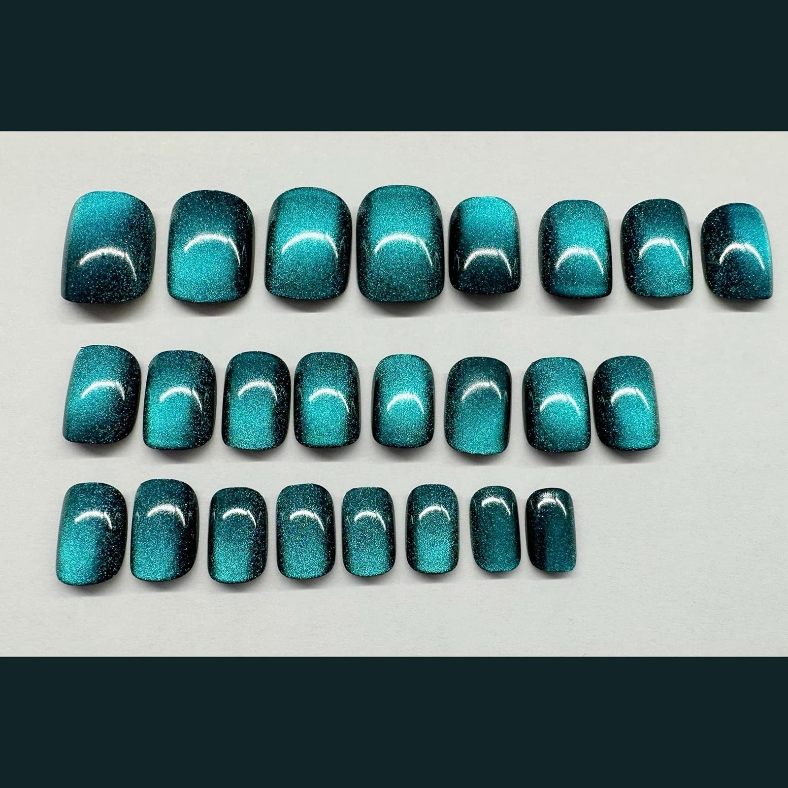 MISUD Short Square Press on Fake Nails - 24pcs Glossy Glue on Chrome Cat Eye Acrylic Nails with Green Starry Sky Design for Women, Perfect for Parties, Weddings & Special Occasions