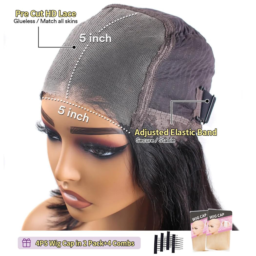 5x5 HD Lace Closure Wigs Human Hair - Pre Cut Lace Glueless Wig, Wear & Go - 180% Density Body Wave Lace Front Wigs for Women - Natural Hairline - Perfect for Daily Wear, Parties, Weddings & Special Occasions
