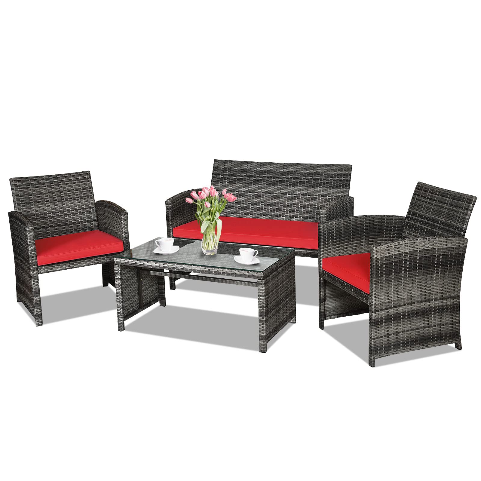 Goplus 4-Piece Rattan Patio Furniture Set - Outdoor Wicker Conversation Sofa with Weather-Resistant Cushions & Tempered Glass Tabletop - Perfect for Lawn, Backyard, Poolside, Garden, or Patio (Red)