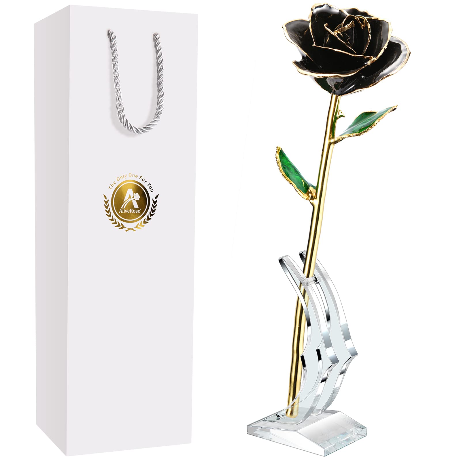 24K Gold Plated Real Rose in Black - Luxury Eternal Rose with Stand for Anniversary, Valentine's Day, Mother's Day & Birthday Gifts | Romantic Home Decor, Wedding Centerpiece, Office Desk Display
