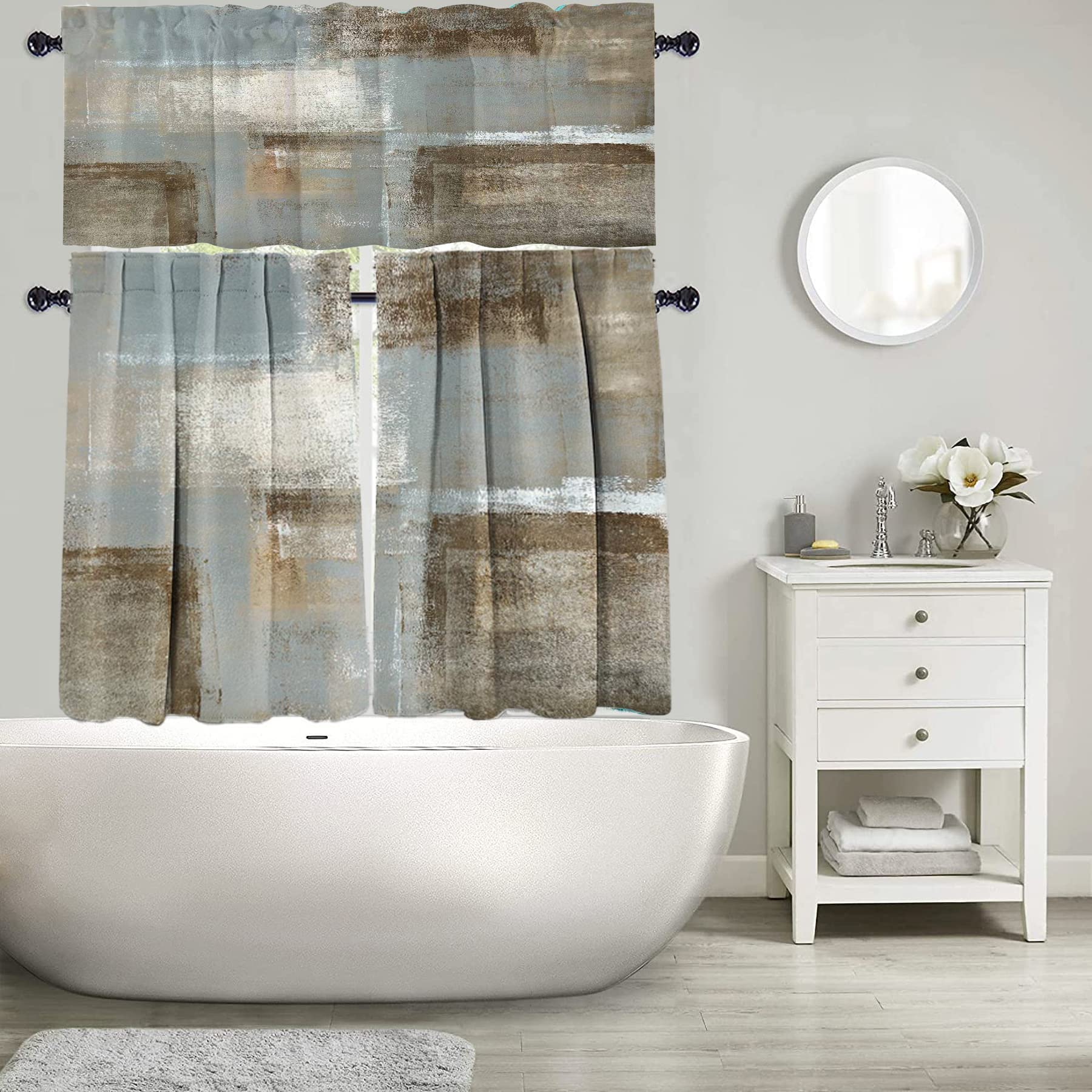 Brown Gray Kitchen Curtains and Valances Set - 3 Piece Modern Abstract Window Treatments for Kitchen & Living Room | Thermal Insulated Beige Drapes for Home Decor