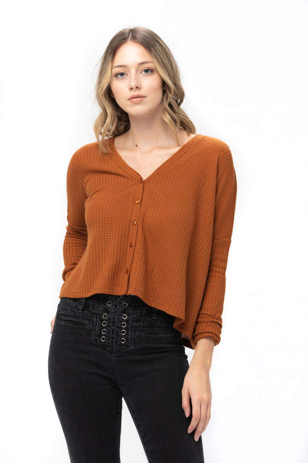 Women's Thermal Waffle Knit Henley Shirt - Loose Fit V-Neck Button Down Blouse for Winter Warmth | Casual Workwear & Layering Essential
