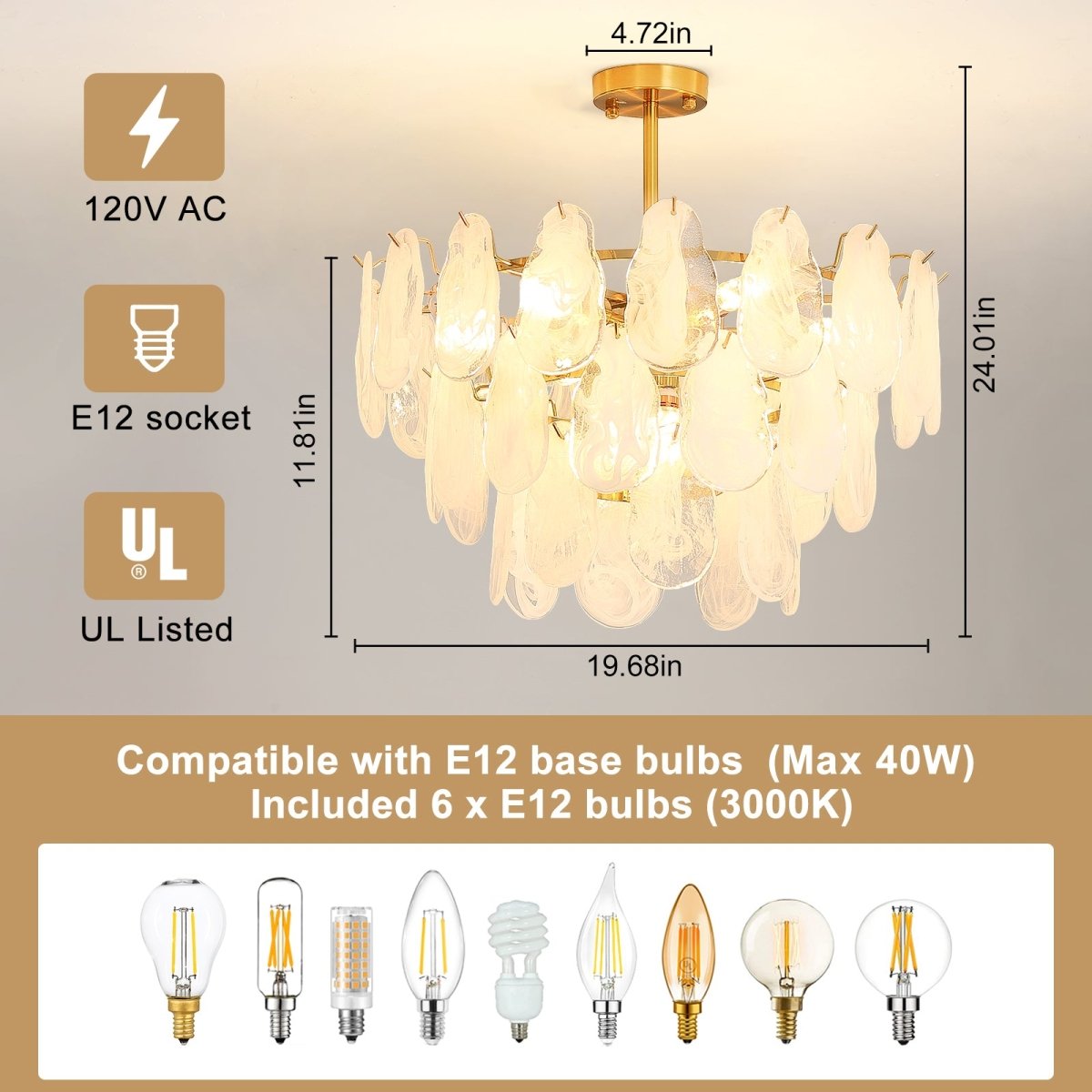 6-Light Modern Semi Flush Mount Crystal Chandelier Ceiling Fixture with 3-Tier Cloud Glass Lampshade - 20