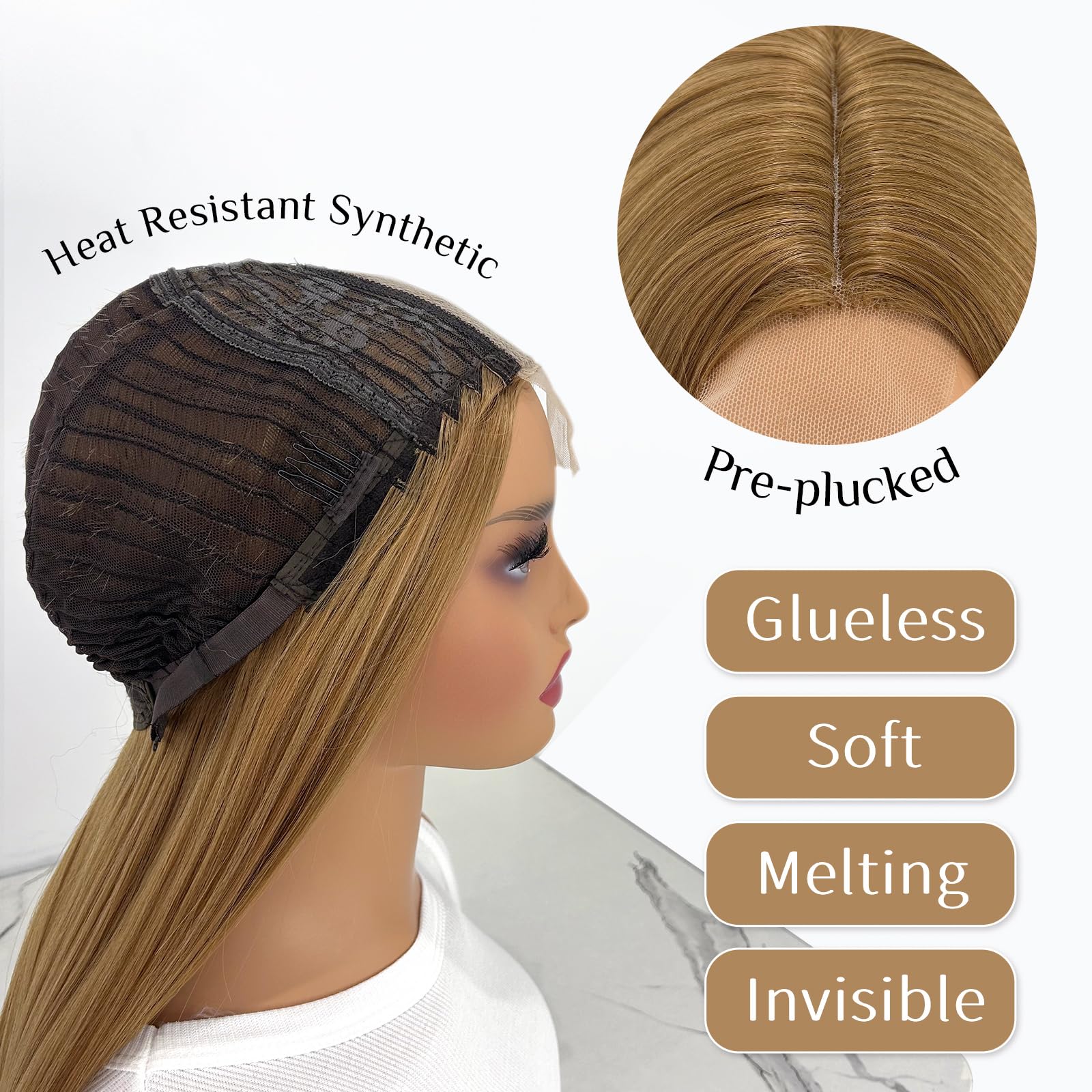 Swetcurly Blonde 24 Inch Lace Front Wig - Heat Resistant Synthetic Straight Hair with Highlight - Glueless Long Wigs for Women | Perfect for Cosplay, Fashion Shows & Daily Styling