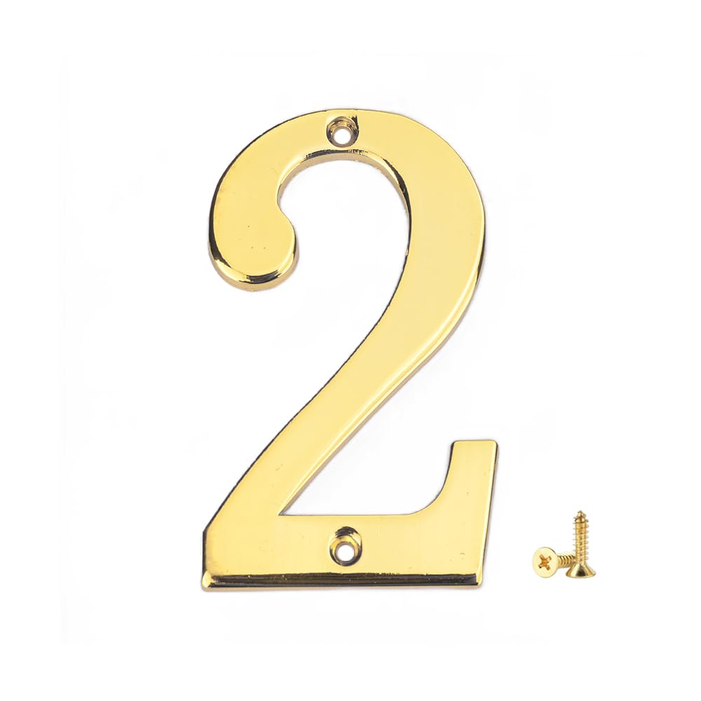 3D Metal House Numbers 3 Inch - Solid Zinc Alloy Address Plaque with M2 Screws for Mailbox, Apartment, Office & Hotel Room - Gold No.2 (Weatherproof Outdoor Sign for Home Entrance & Property Identification)