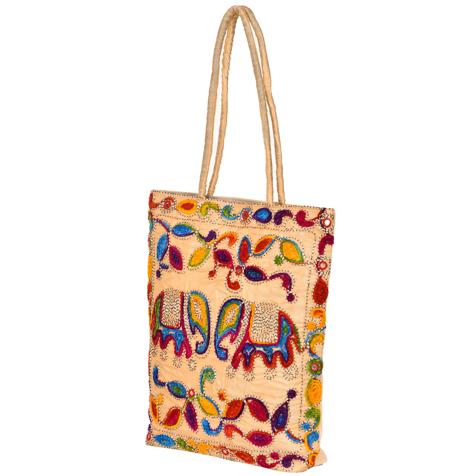 Stylish Rajasthani Ethnic Mirror Work Cotton Tote Bag for Women - Large Zippered Shoulder Bag with Embroidery for Grocery Shopping, Travel & Beach - Perfect Boho Fashion Accessory & Everyday Carryall