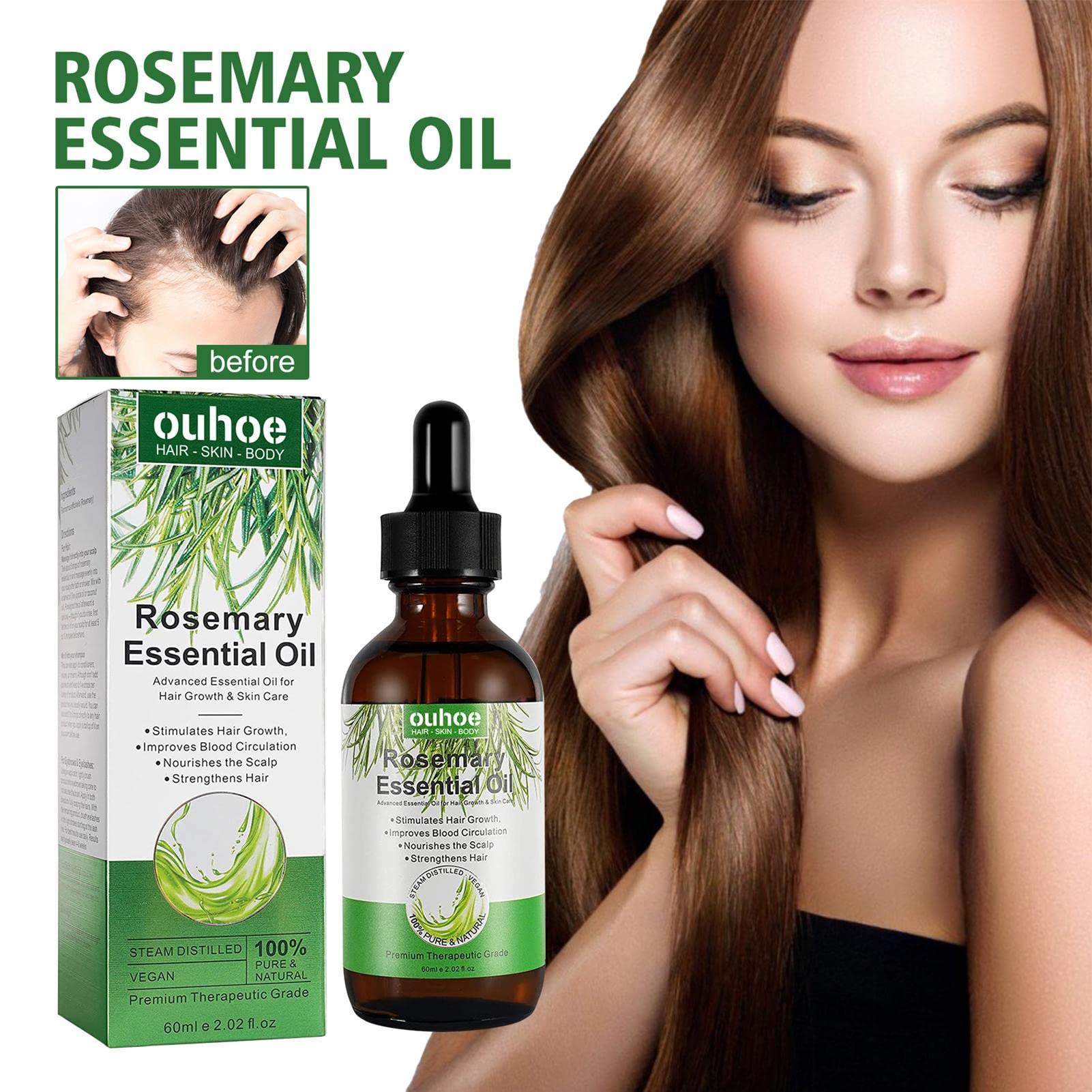Organic Rosemary Oil for Hair Growth & Scalp Care - 100% Pure Natural Essential Oil for Thicker Hair, Hair Regrowth & Reducing Hair Loss - 60ml Bottle for Daily Hair & Scalp Massage at Home