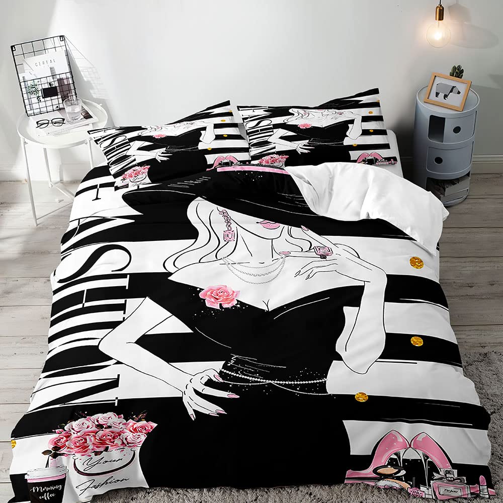 VIVIHOME 2-Piece Twin Duvet Cover Set - Black & White Striped Bedding with Pink High Heels, Perfume & Lipstick Print - Girly Fashion Comforter Cover for Women - Includes 1 Pillowcase - Perfect for Teen Girls' Bedroom & Dorm Decor