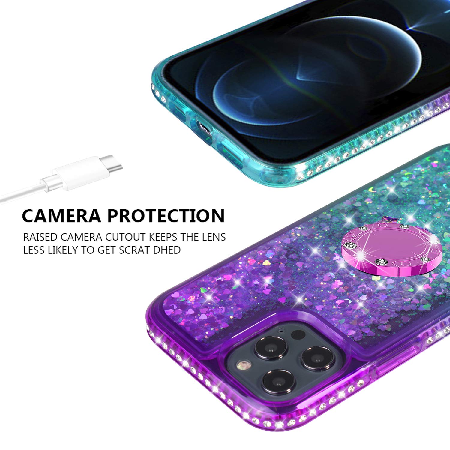 SOGA Rhinestone Liquid Quicksand Phone Case for iPhone 12 Pro Max - Sparkly Glitter Cover with Magnetic Ring Holder for Car Mount & Lanyard, Purple Teal Gradient - Perfect for Girls, Women, Fashion Accessories & Everyday Protection