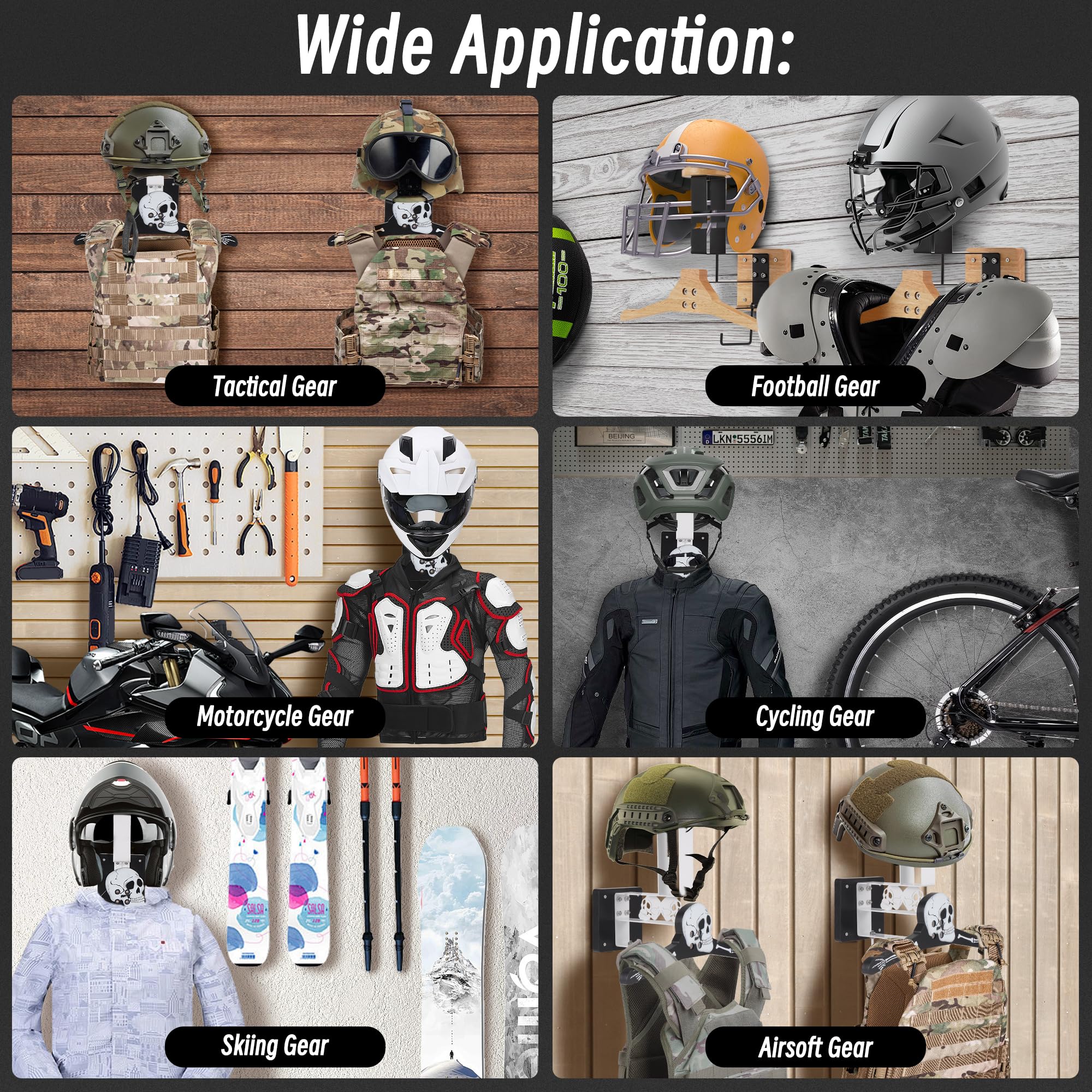 Upgraded Motorcycle Helmet Holder Wall Mount - Heavy Duty Wood & Metal Tactical Gear Organizer for Helmets, Football & Cycling Equipment - Perfect for Garage, Shed & Man Cave Storage