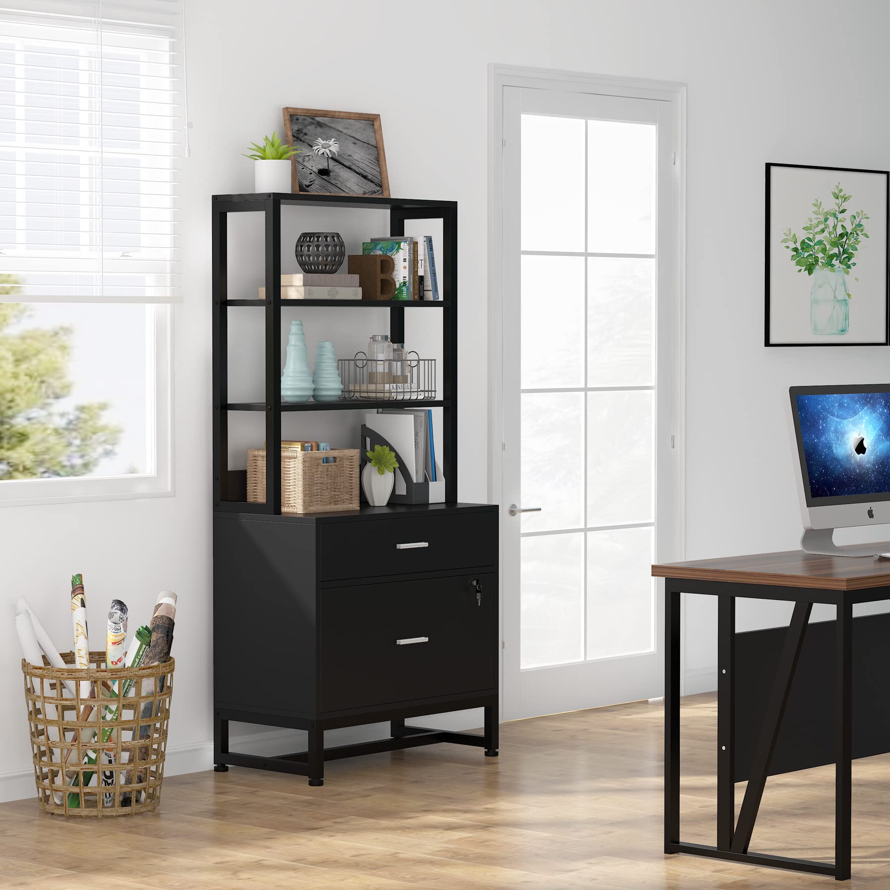 Tribesigns 2-Drawer Vertical File Cabinet with Lock & Bookshelf - Letter Size Large Modern Filing Cabinet & Printer Stand with Open Storage Shelves for Home Office - Black - Perfect for Organizing Documents, Books & Office Supplies in Small Spaces