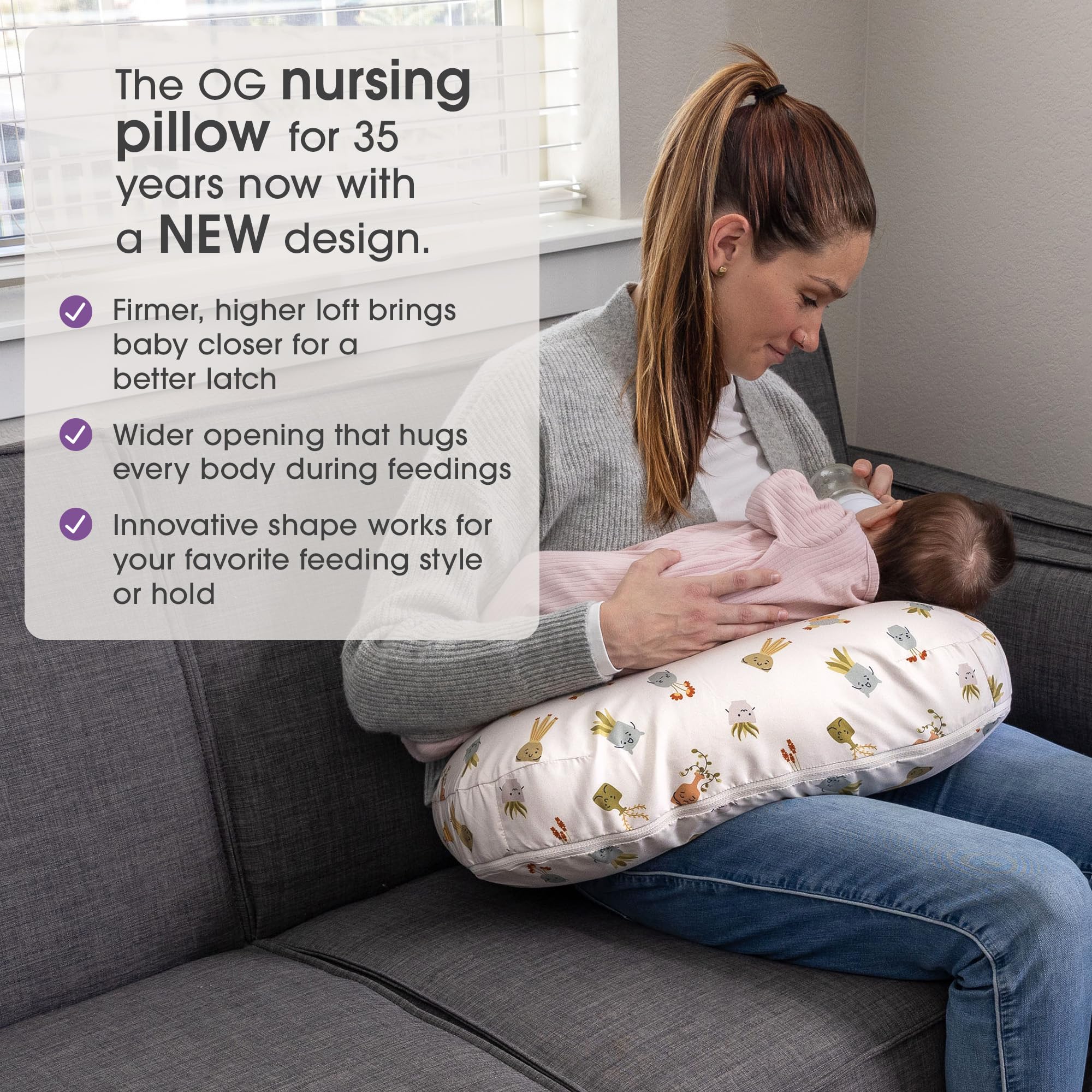 Boppy Nursing Pillow for Breastfeeding & Bottle Feeding - Extra Firm Support, Larger Size & Higher Lift for Comfort - Tan Happy Houseplants Design - Perfect for New Moms at Home or On-The-Go