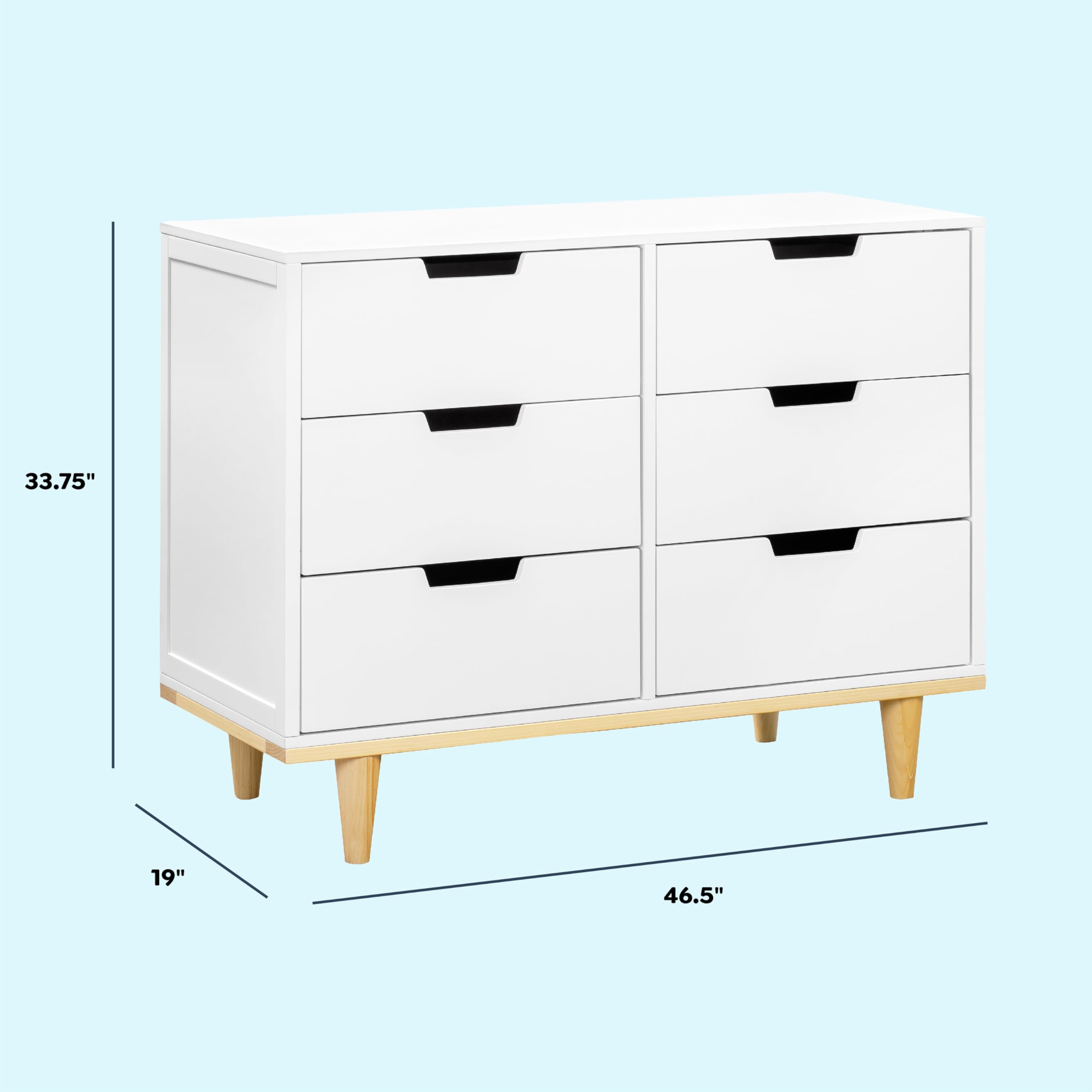 DaVinci Marley 6-Drawer Double Dresser in White Finish with Natural Wood Legs - Stylish Nursery or Bedroom Storage Furniture for Organizing Baby Clothes and Bedding