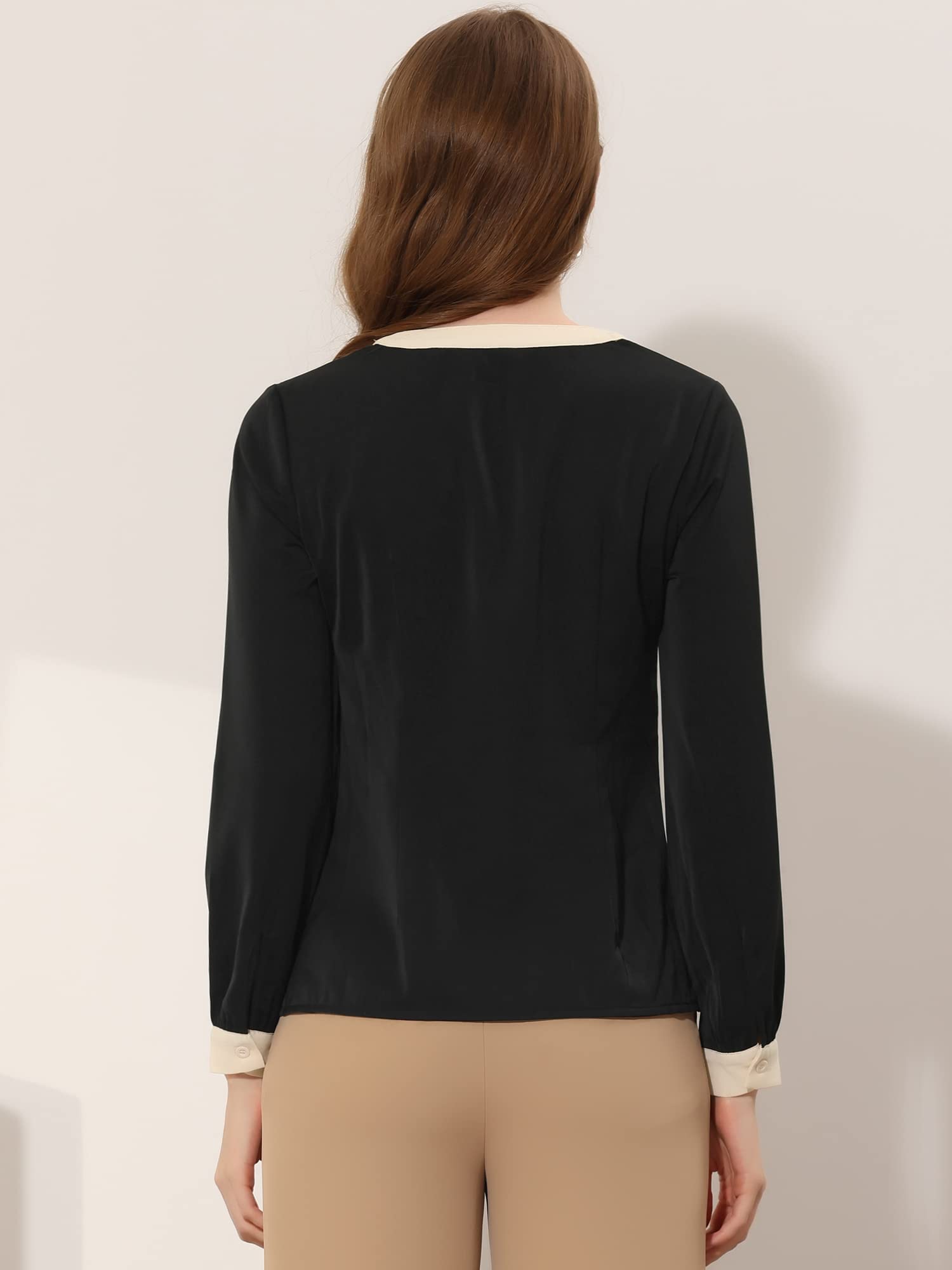 Allegra K Women's Split Neck Pleated Front Blouse - Contrast Color Office Work Tops for Business Casual & Professional Wear