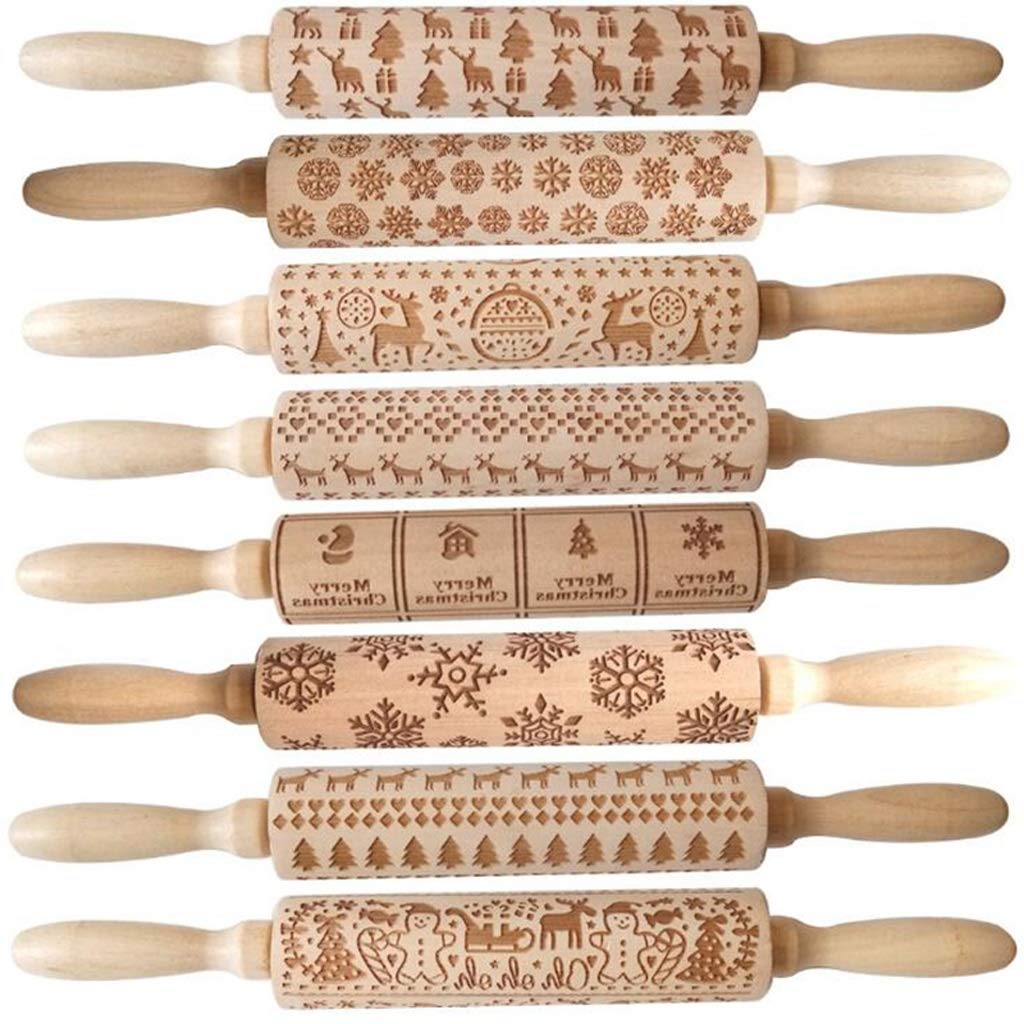 8-Piece Embossed Wooden Rolling Pin Set for Baking - Christmas Cookie Dough Pattern, Pastry & Pie Crust Maker - Ideal for Holiday Baking, DIY Cookies, and Homemade Desserts