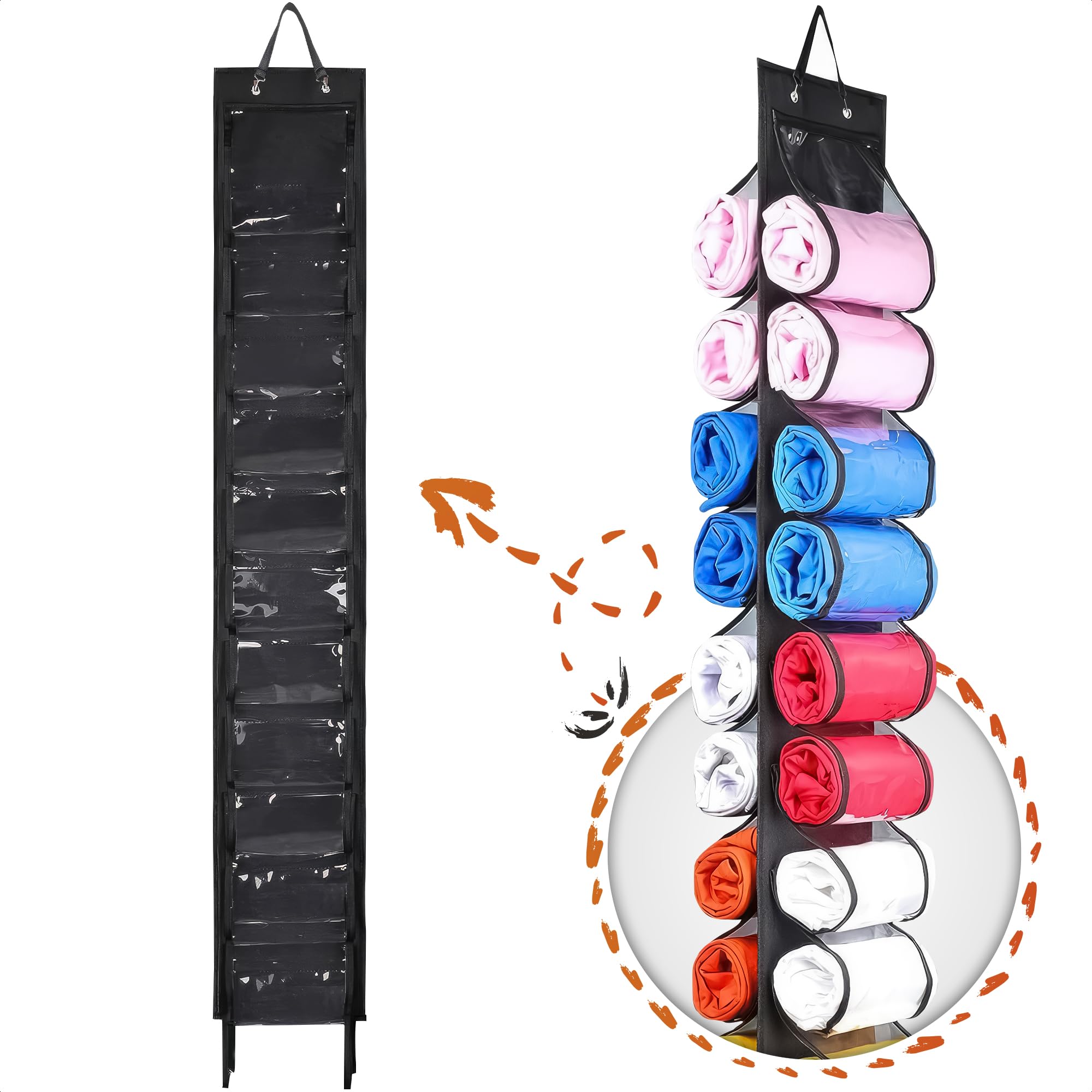 ZOKLU 24-Pocket Hanging Closet Organizer for Leggings & Clothes - Foldable Storage Bag with Roll Compartments, Space-Saving Wardrobe Organizer for Bedroom (Black) - Perfect for Organizing Pants, Scarves, Ties & Accessories