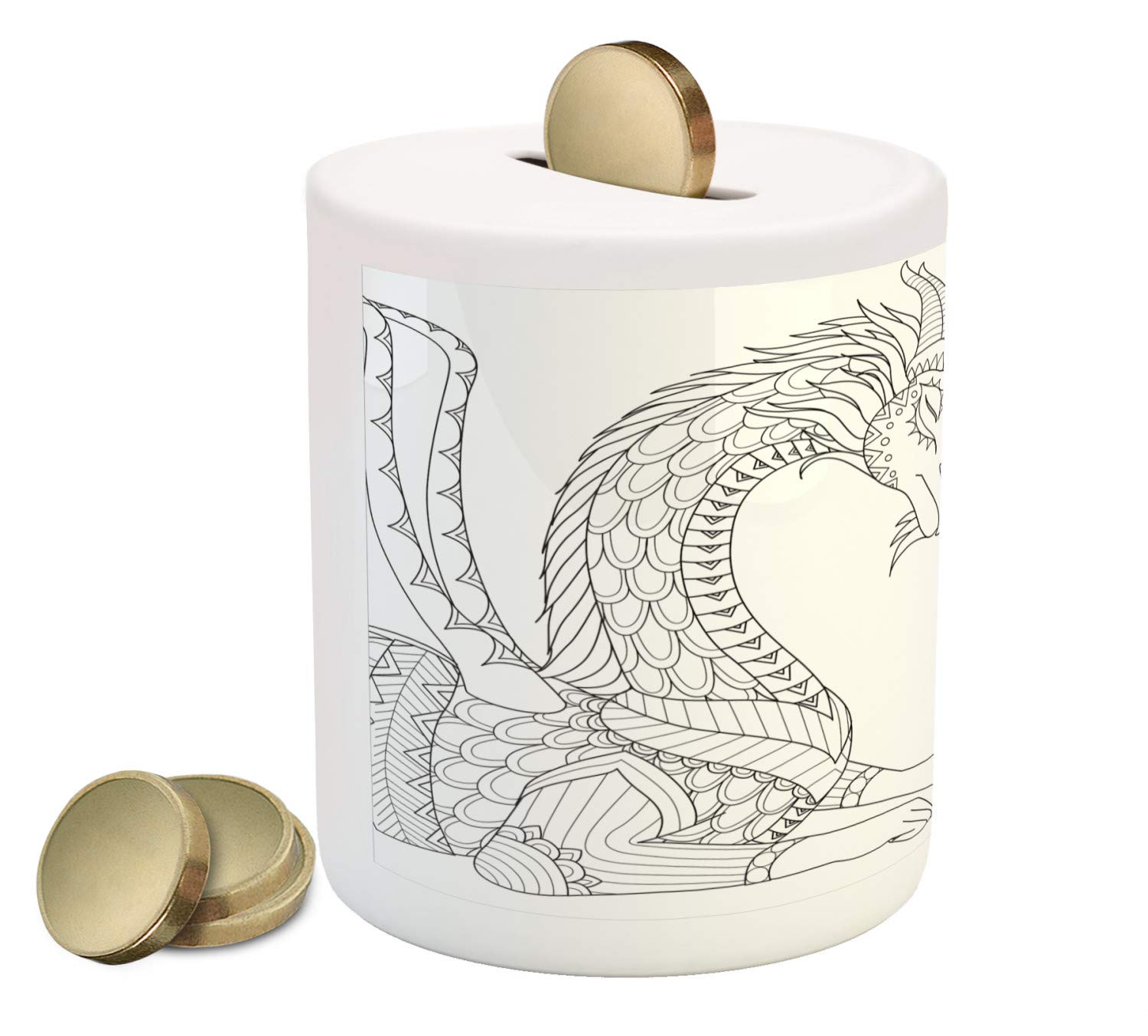 Ambesonne Ceramic Piggy Bank - Fantasy Dragon Design with Floral & Wing Details, 3.6