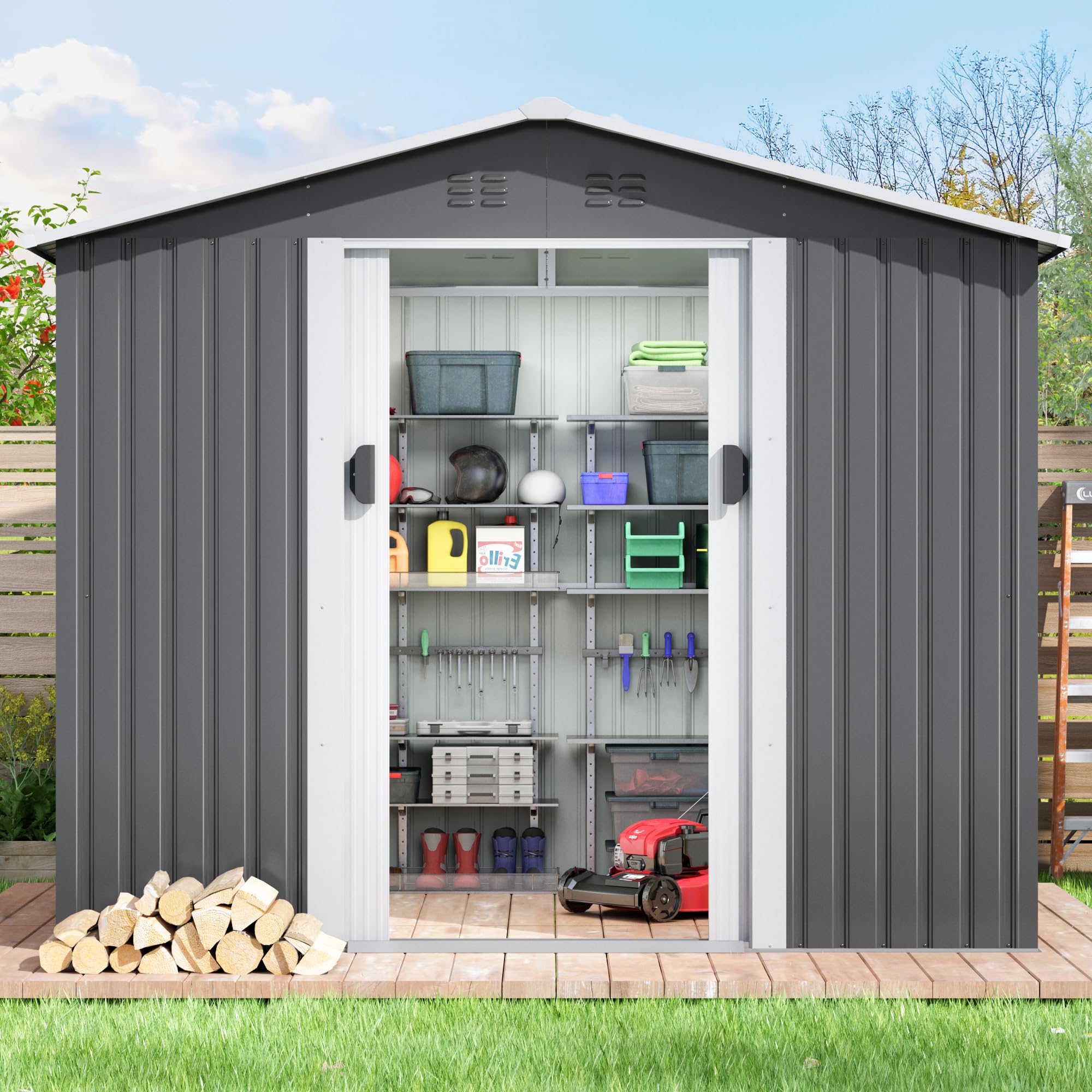 JAXPETY 6'x8' Large Metal Outdoor Storage Shed with Sliding Doors & Lock - Weatherproof Garden Shed for Backyard, Patio, Lawn - Perfect for Storing Tools, Equipment & Seasonal Items (Gray)