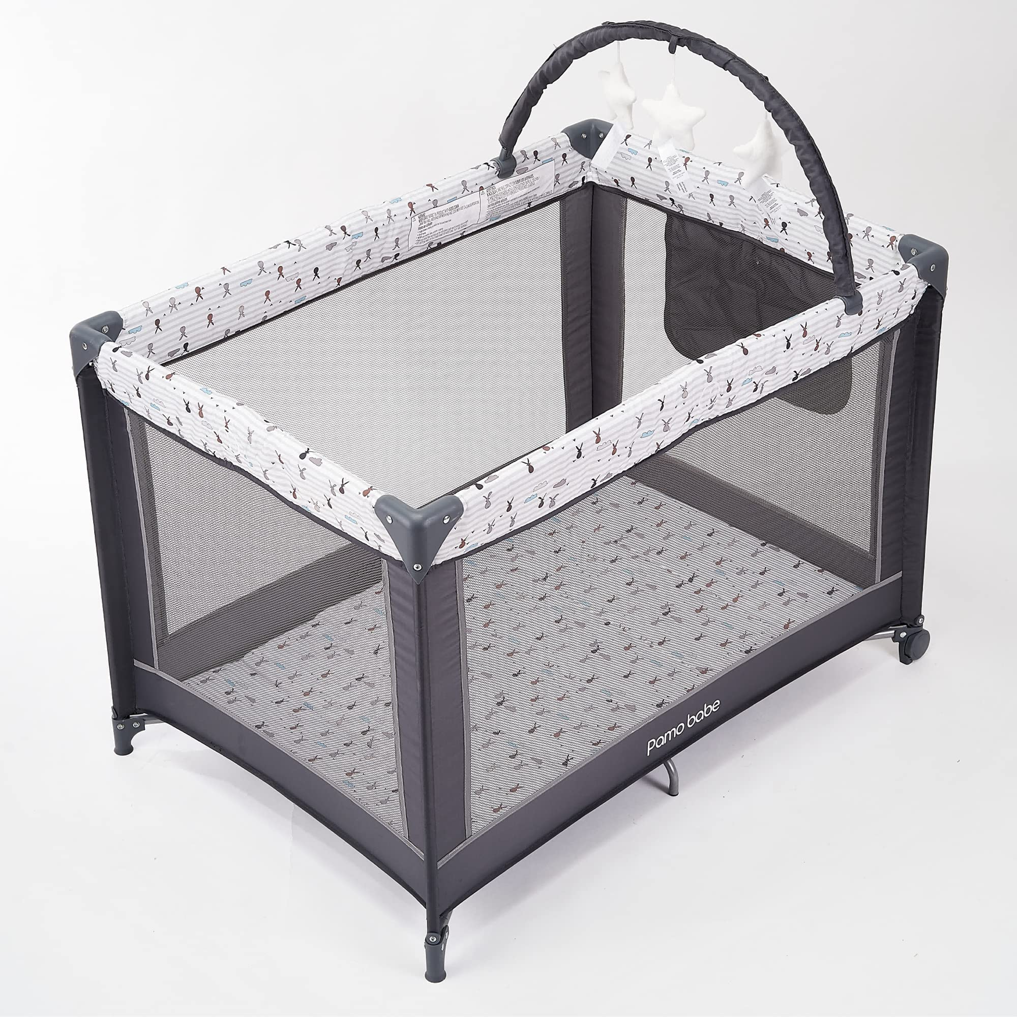 Pamo Babe Portable Baby Playpen - Lightweight Travel Playard with Mattress & Wheels for Indoor/Outdoor Use | Rabbit Design | Safe Play Area for Toddlers & Infants
