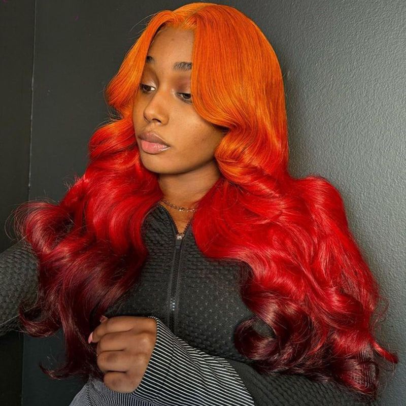 Eullair Ombre Orange Red Brown Body Wave Human Hair Wig with Transparent Lace Frontal for Women - Perfect for Daily Wear, Cosplay & Special Occasions