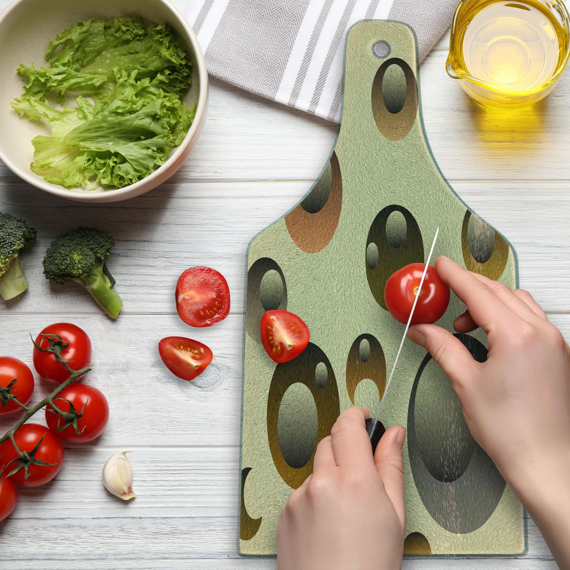 Ambesonne Retro Round Glass Cutting Board - Funky Bubbles Abstract Design, Tempered Glass Serving Board for Kitchen & Entertaining, Wine Bottle Shape in Cream Grey Caramel Colors - Perfect for Cheese Platters, Charcuterie & Party Appetizers