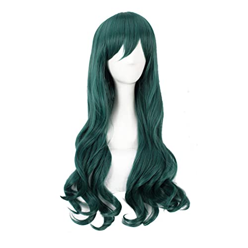 Natural Wavy Long Curly Synthetic Wig for Women with Bangs - Dark Green Cosplay Costume Hair for Christmas Parties & Halloween Costumes