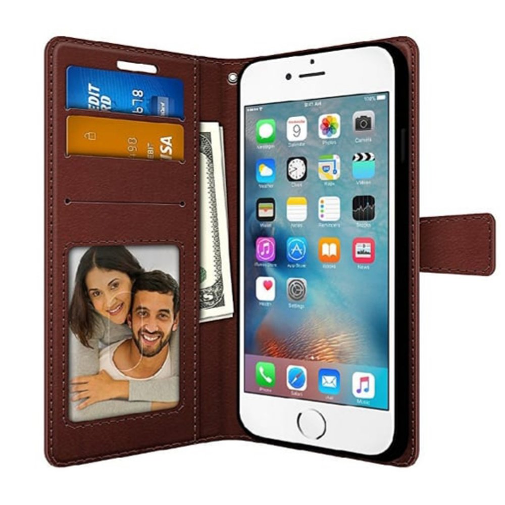 Premium Leather Flip Wallet Case for iPhone 7/8 with Card Slots, Kickstand & Magnetic Closure - Tan | Business Travel & Everyday Use Protective Phone Cover