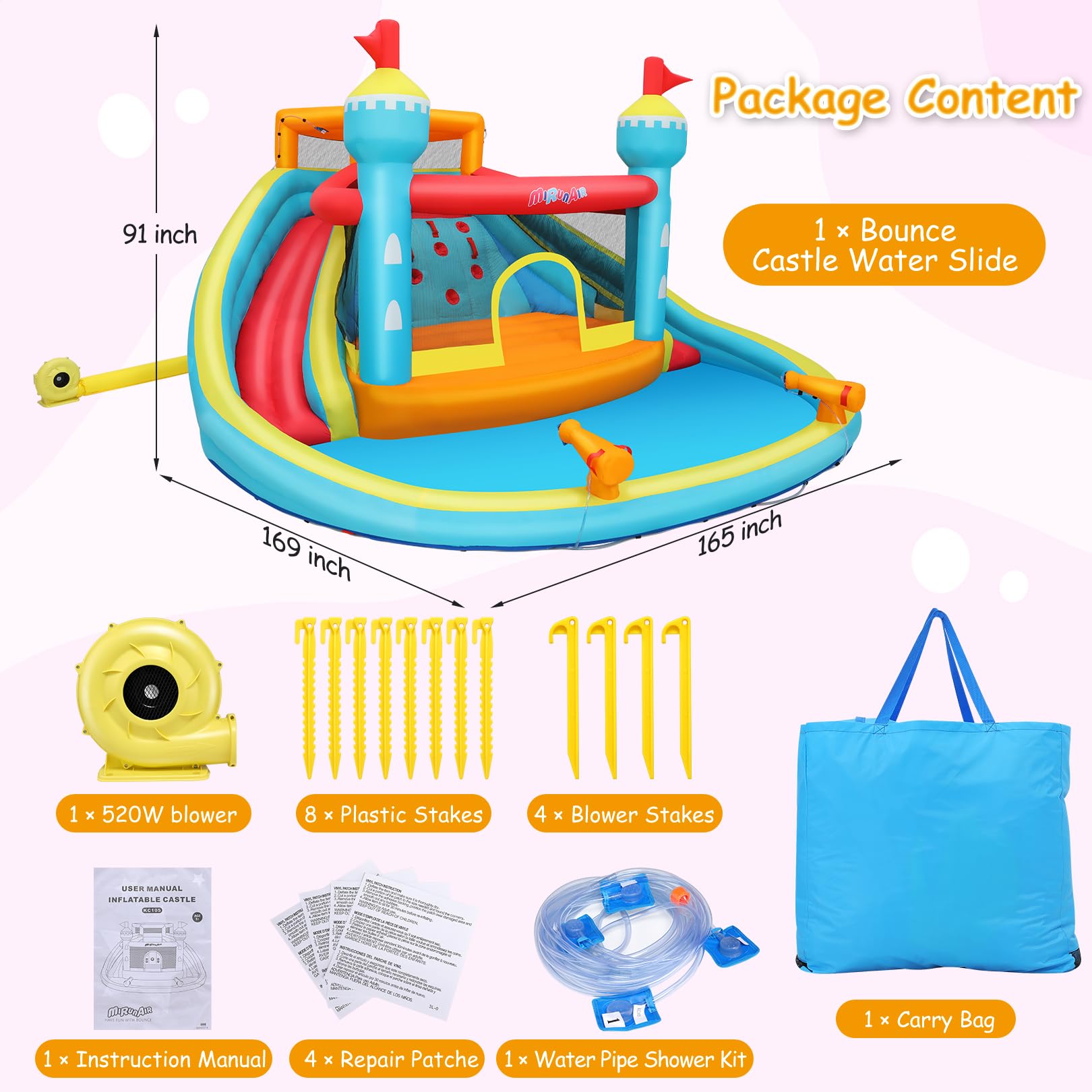 10-in-1 Inflatable Water Slide Park with Splash Pool, Jump Area, Climbing Wall & Water Cannons - 520W Blower Included | Perfect for Backyard Summer Fun, Kids Birthday Parties & Outdoor Water Play (Blue-Orange)