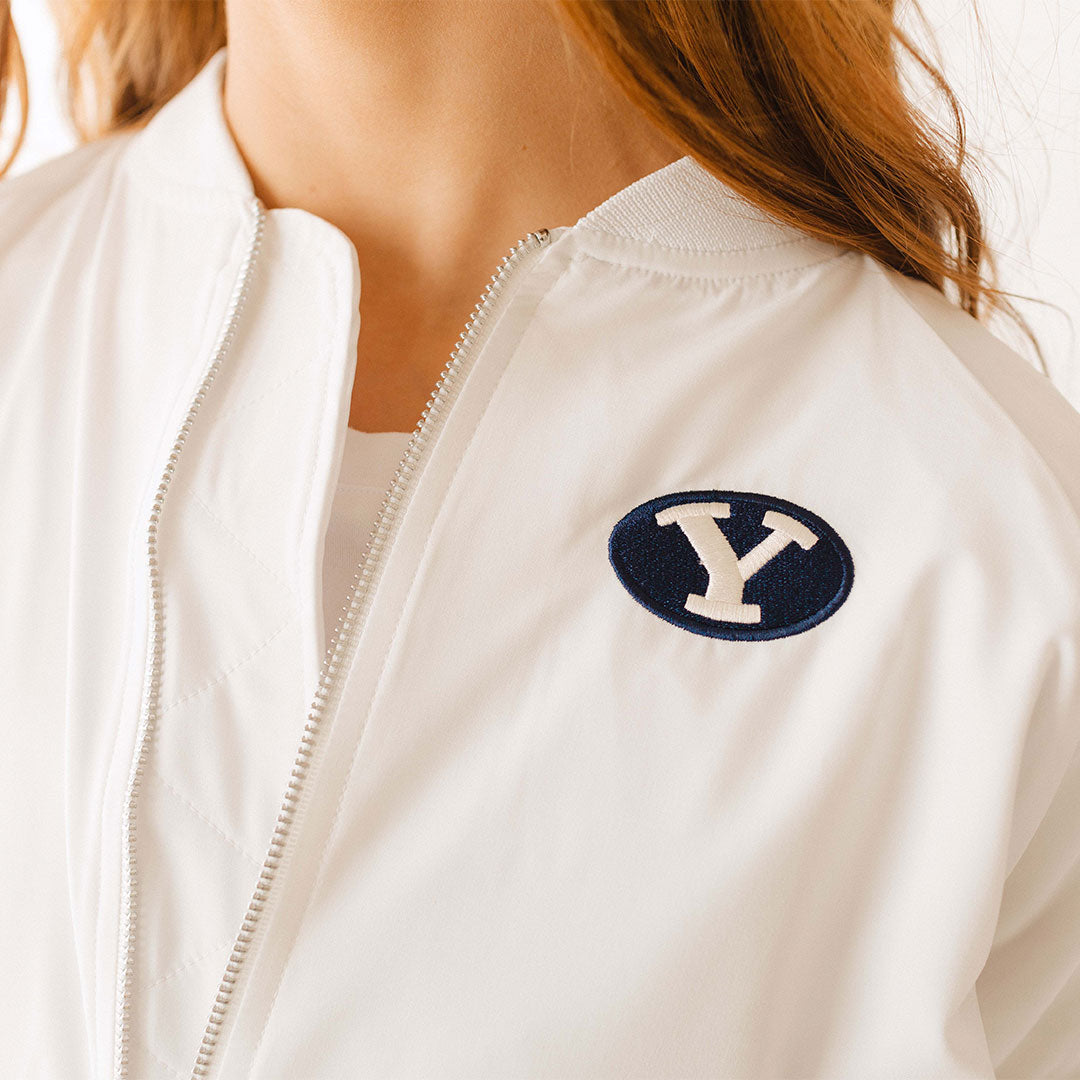 BYU Bomber Jacket for Men & Women - Lightweight White Windbreaker Jacket with Zipper Closure - Perfect for Casual Wear, Street Style & Outdoor Activities