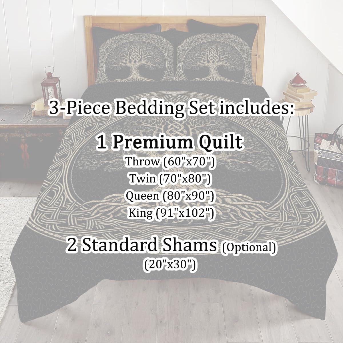 Custom Celtic Tree of Life Quilt Set - King/Queen Size 3-Piece Bedding with Roots Design for Boys & Girls | Perfect for Bohemian Bedroom Decor, Wedding Gift & Spiritual Home Accent