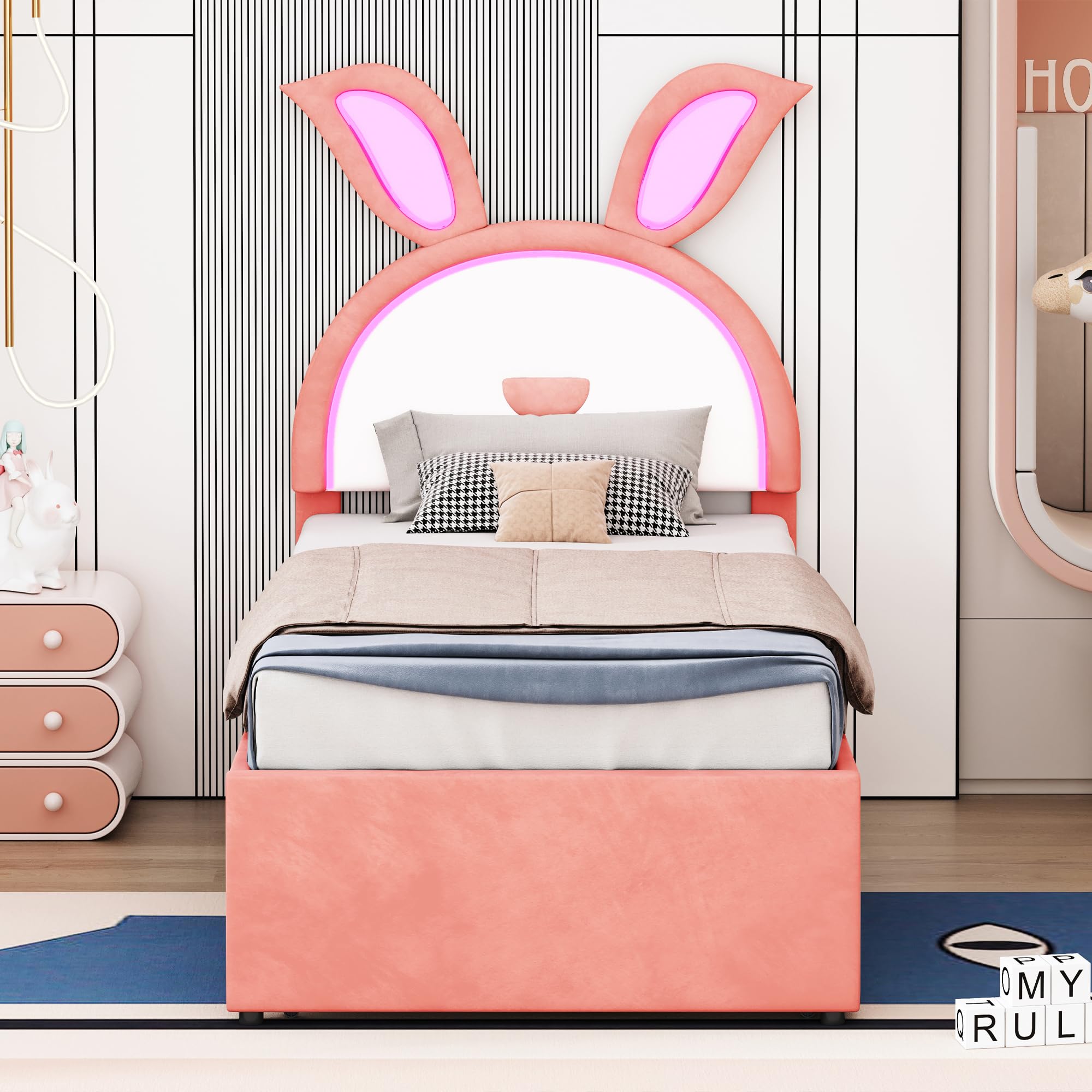 P PURLOVE Twin Size Wooden Platform Bed Frame with Rabbit-Shaped Headboard - Upholstered Bed with Trundle, 3 Storage Drawers & LED Lights - No Box Spring Required - Easy Assembly - Pink - Perfect for Kids Rooms, Teen Bedrooms & Nursery Decor