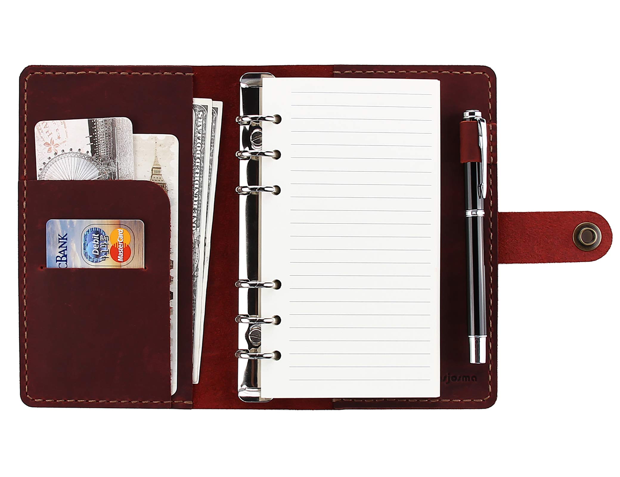 Handmade Genuine Leather Refillable Journal Notebook - A6 6-Ring Binder Diary for Writing, Travel & Personal Use | Portable Pocket Size Wine-Colored Traveler's Notebook for Journaling, Sketching & Note Taking