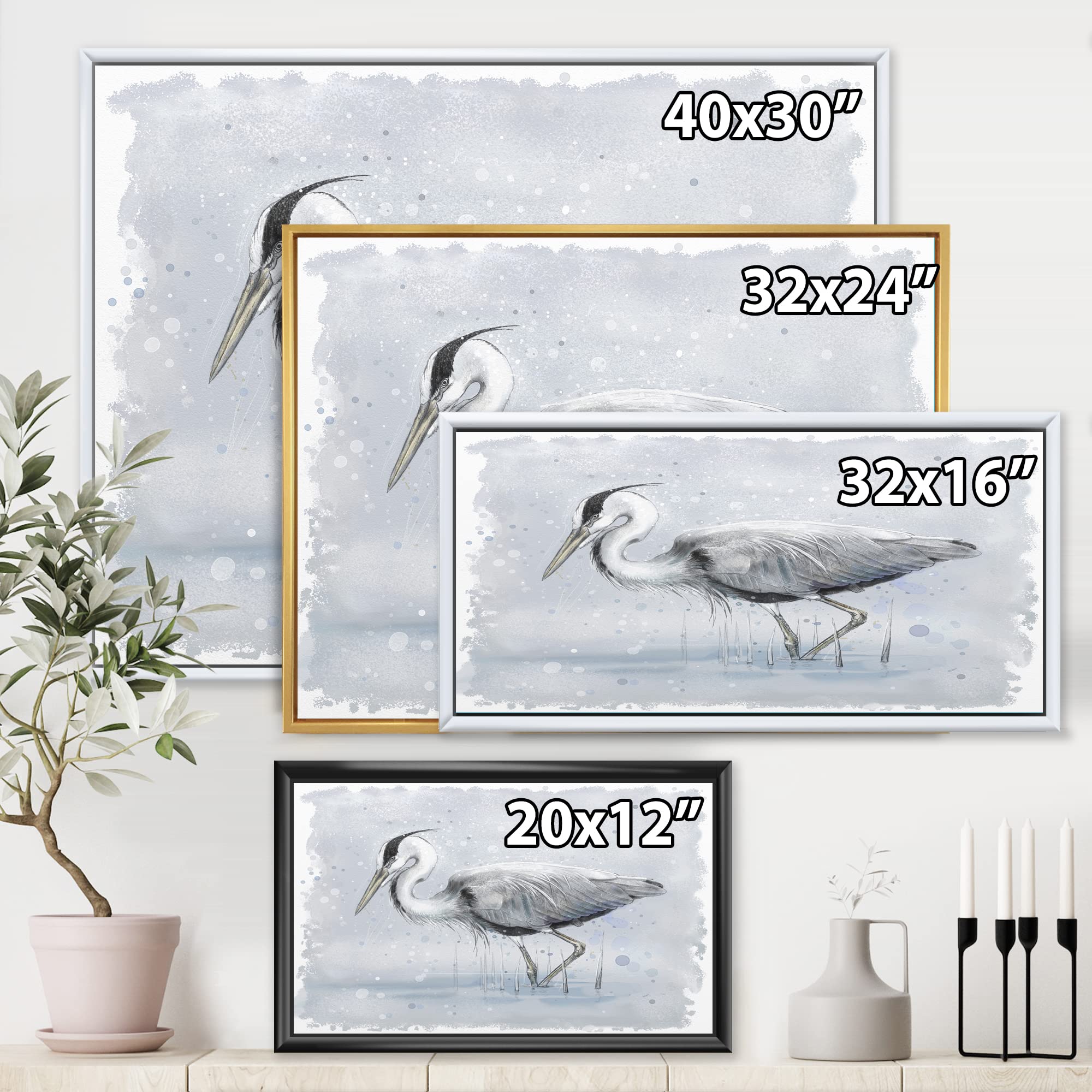 Grey Heron Bird Framed Canvas Wall Art - Farmhouse Decor for Living Room, Bedroom & Office - Nature Inspired Home Decoration
