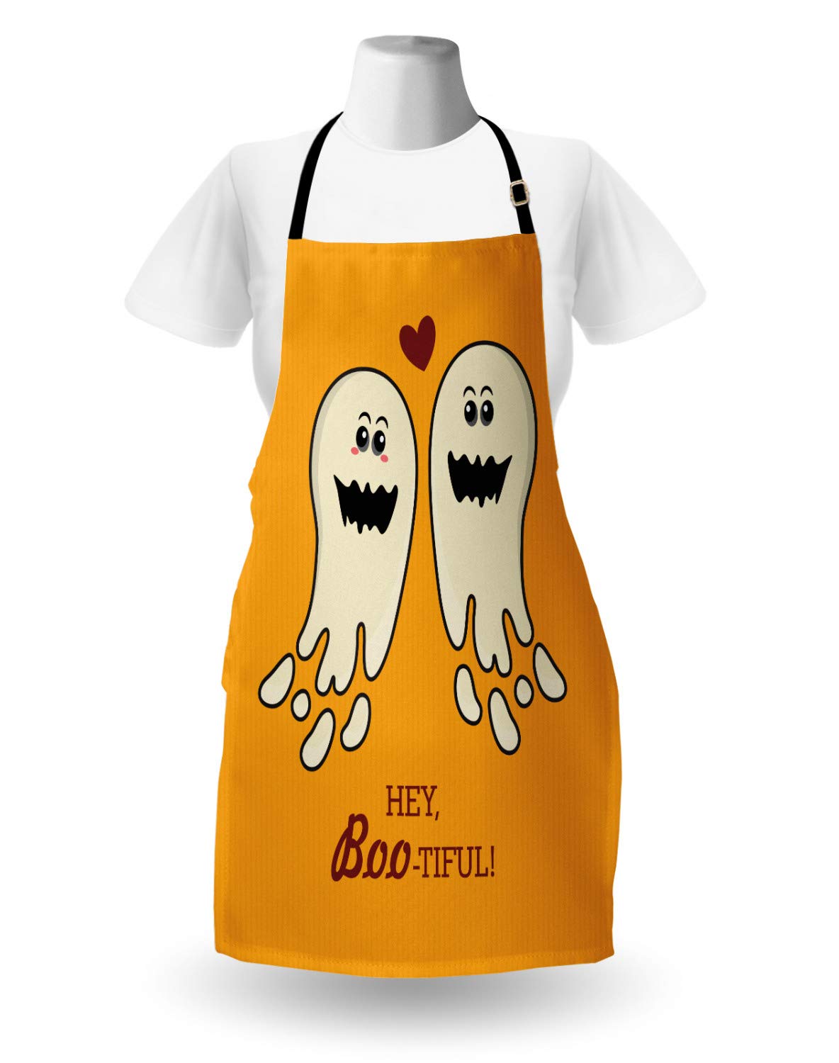 Ambesonne Halloween Apron - Funny 'Hey Boo-tiful' Ghost Design, Adjustable Unisex Kitchen Bib for Cooking & Gardening, Adult Size in Orange Eggshell Maroon - Perfect for Halloween Parties, Baking Treats & Spooky Decorations
