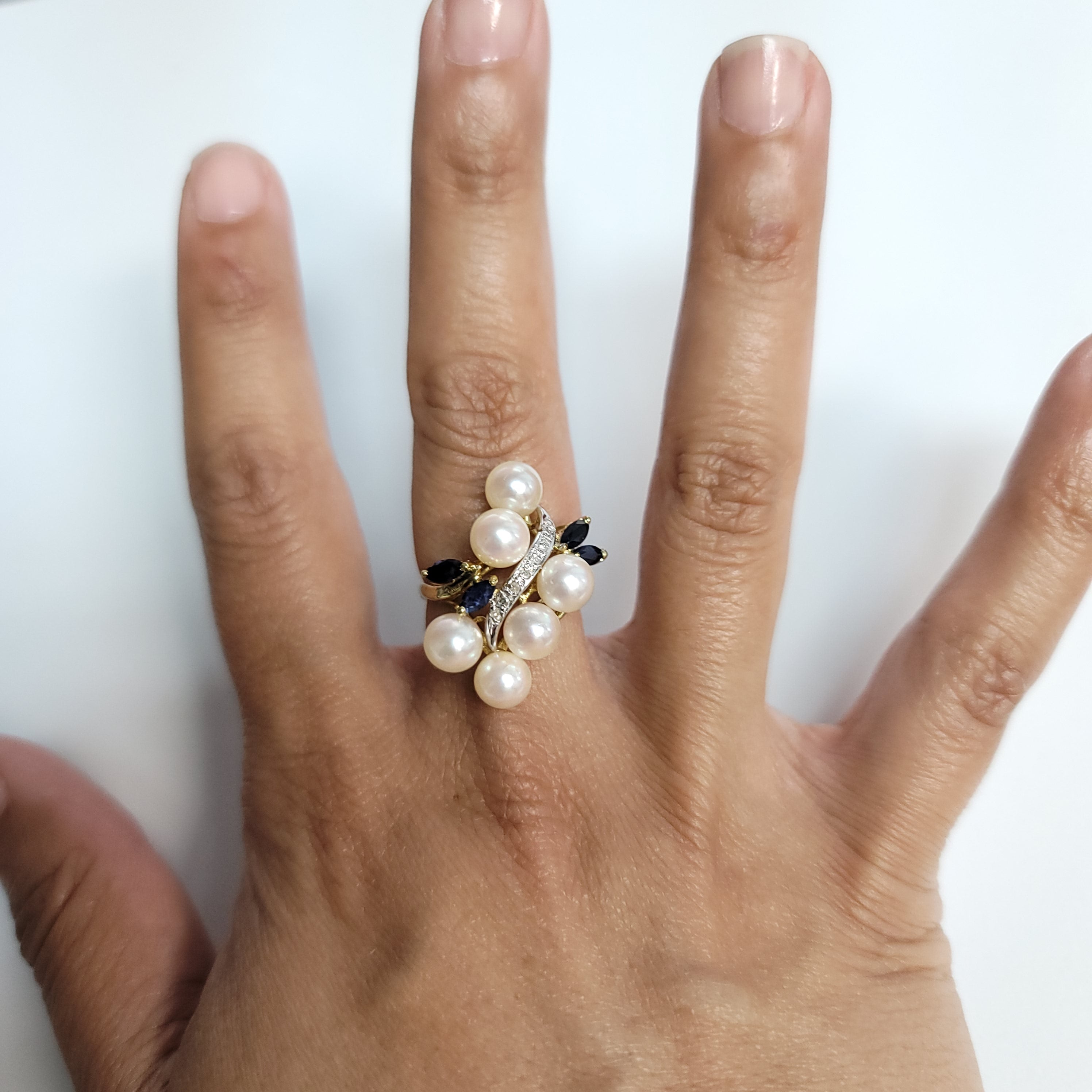 14k Yellow Gold Freshwater Pearl Sapphire Diamond Cluster Ring – Elegant Jewelry for Weddings, Anniversaries & Special Occasions