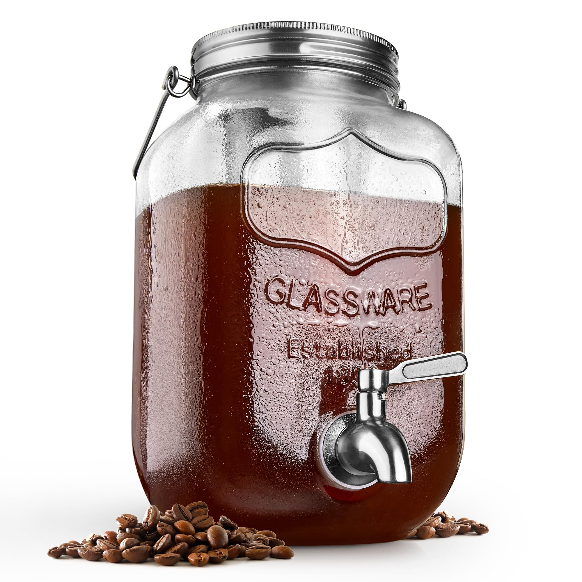 1 Gallon Cold Brew Mason Jar with Filter - 128 oz Glass Pitcher for Iced Coffee & Tea, Silver Cold Brew Coffee Maker for Home, Office, and Outdoor Use