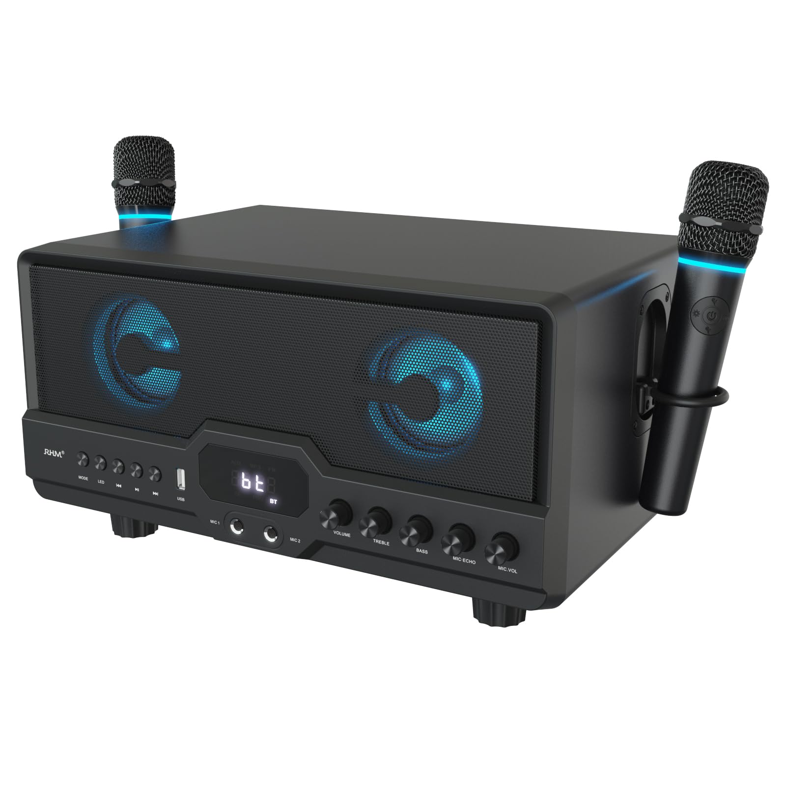 RHM L268 Karaoke Machine with 4 Microphone Support - Powerful Sound, RGB Lights, 2 Rechargeable Wireless Mics, Built-in Wired Mic Ports - Treble/Bass Adjustment, Bluetooth, AUX, USB - Perfect for Home Parties & Family Gatherings