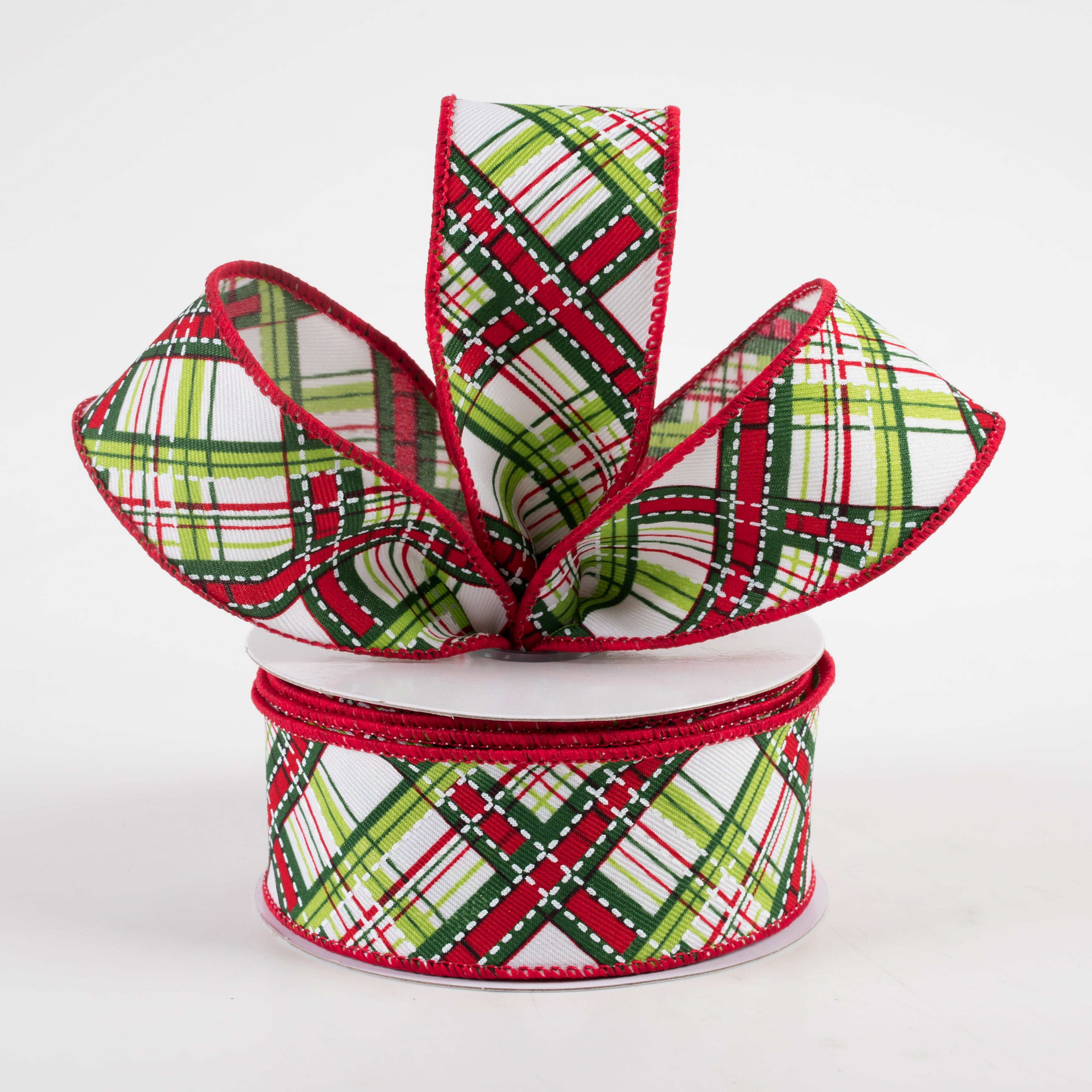 1.5 Inch Diagonal Dash Plaid Ribbon - 10 Yards Bulk Roll for Gift Wrapping, Crafts & DIY Projects (White, Lime, Emerald, Red) - Perfect for Christmas Decorations, Party Favors & Scrapbooking