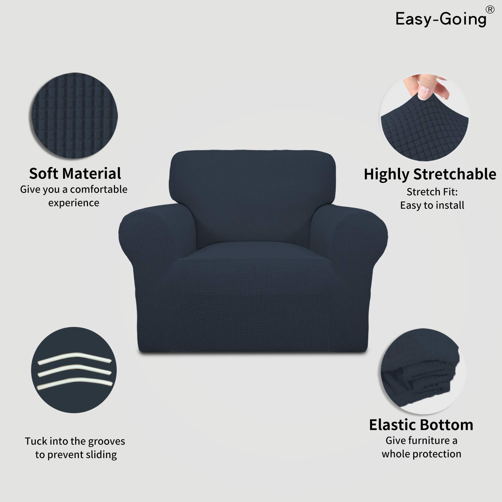 Stretch Chair Sofa Slipcover - 1-Piece Elastic Couch Cover with Soft Spandex Jacquard Fabric, Dark Blue Small Checks - Furniture Protector for Kids & Pets - Perfect for Living Room, Bedroom, and Home Decor