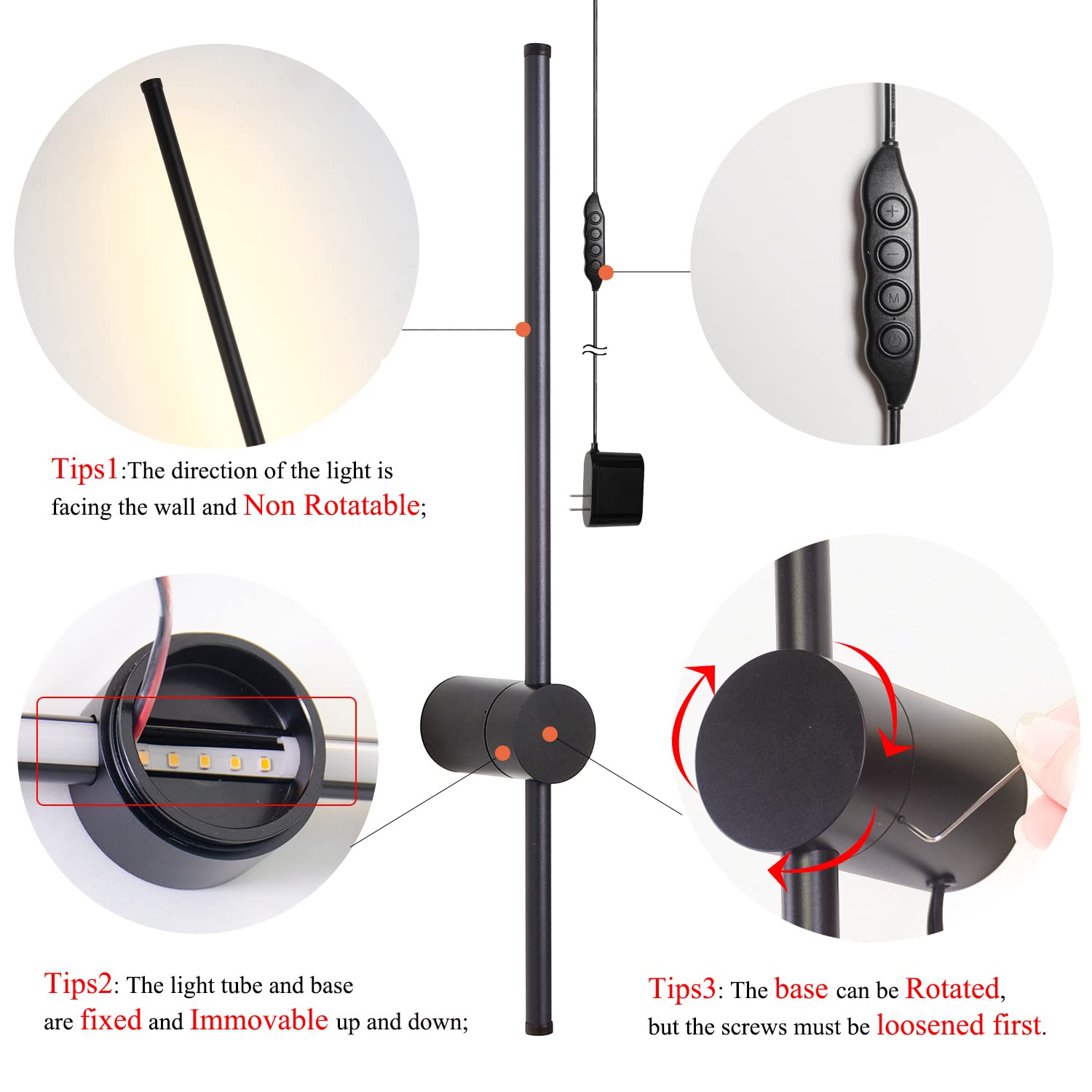 Dimmable LED Wall Sconce Set of 2 - Modern Plug-in Wall Lights with Memory Function, 23.6 Inch Black Wall Lamp with Plug Dimmer | Perfect for Bedroom, Living Room & Hallway Lighting