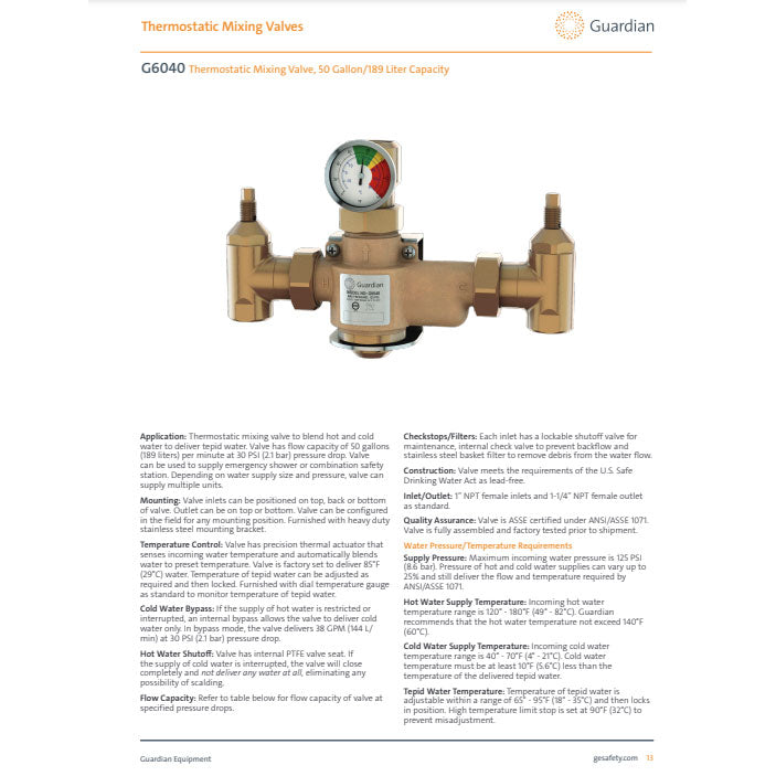 Guardian G6040 Thermostatic Mixing Valve - 50 Gallon (189 Liter) Capacity - Replacement for Guardian G3800LF - Perfect for Water Heaters, Showers & Bathroom Faucets